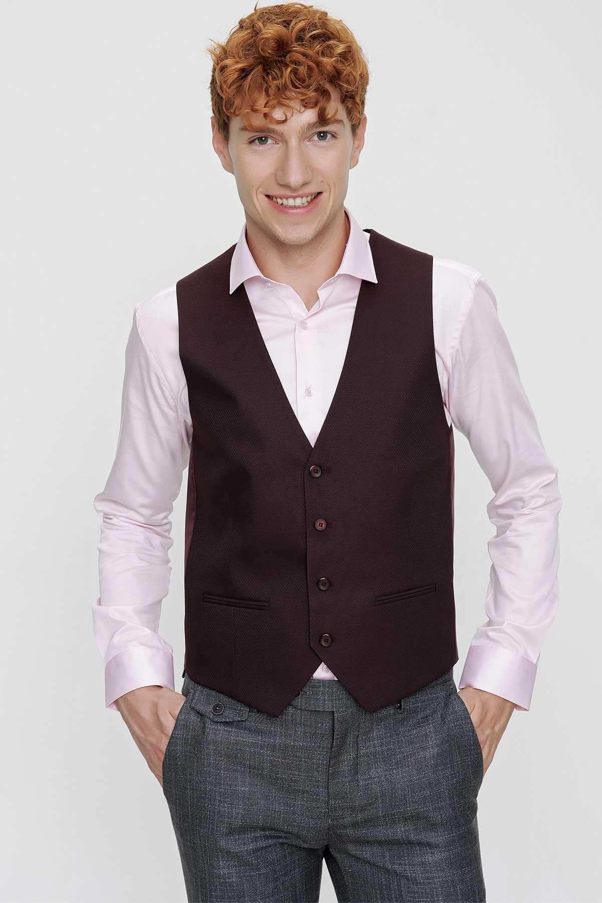 Morven Erkek Bordo Jakarlı Slim Fit Dar Kesim Yelek