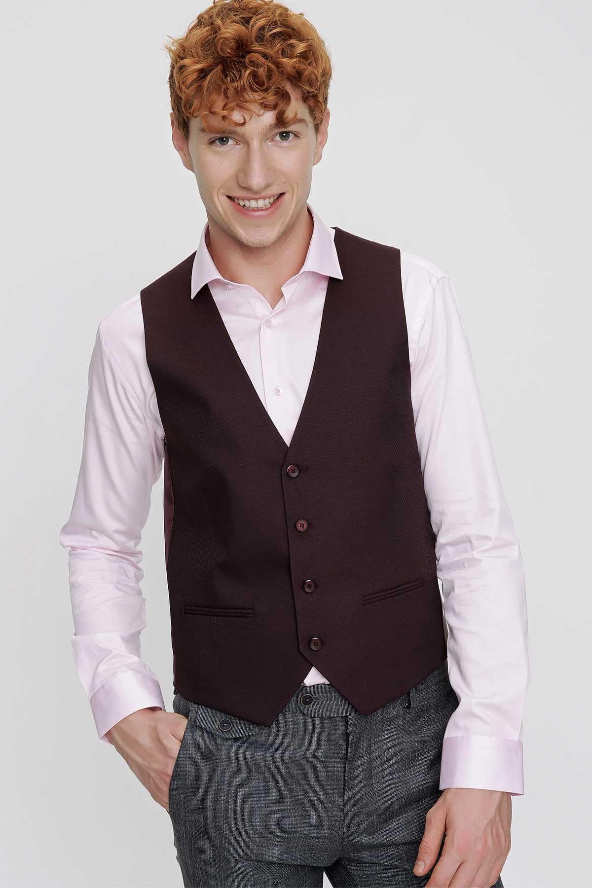 Morven Erkek Bordo Jakarlı Slim Fit Dar Kesim Yelek