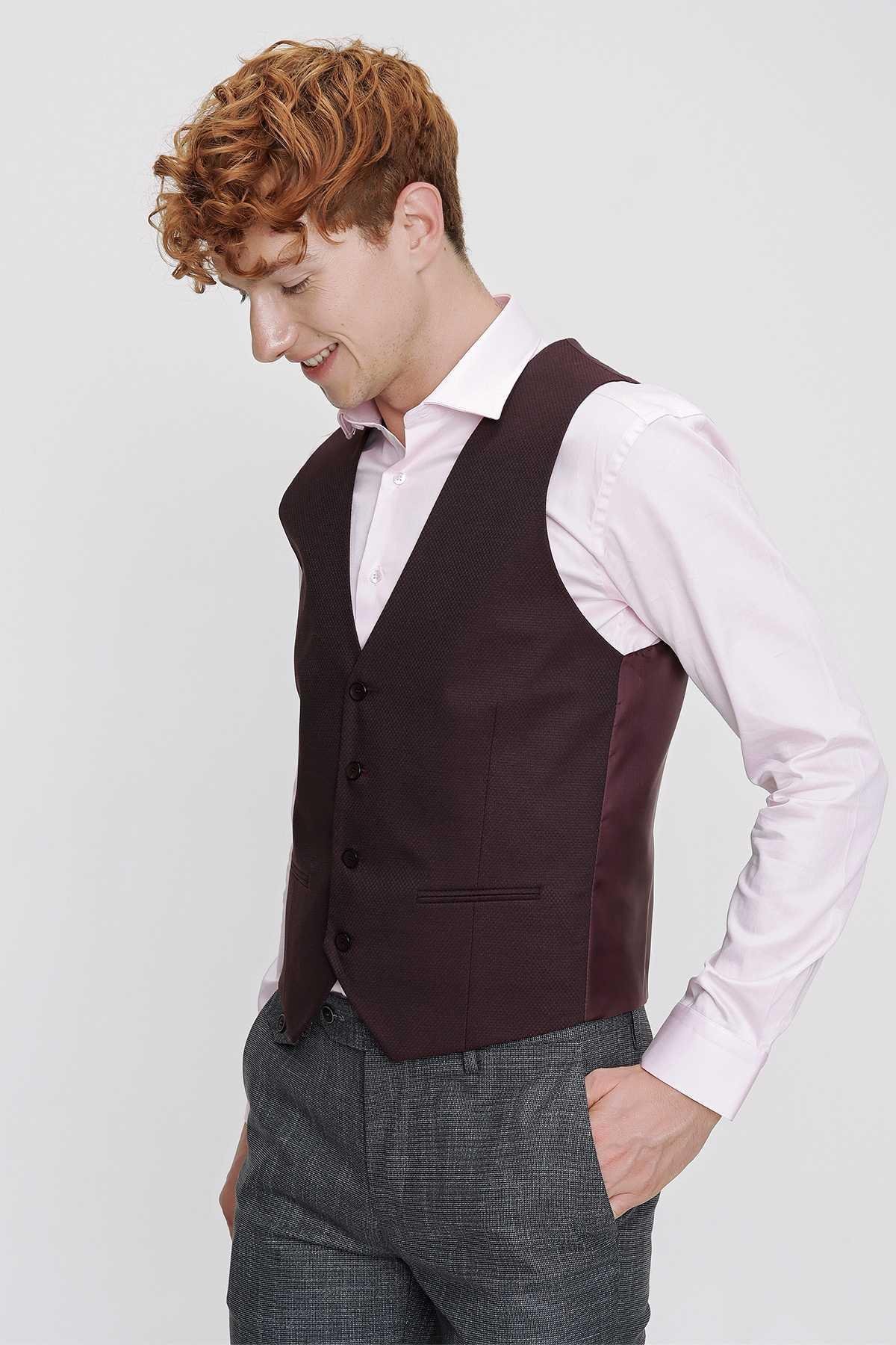 Morven Erkek Bordo Jakarlı Slim Fit Dar Kesim Yelek