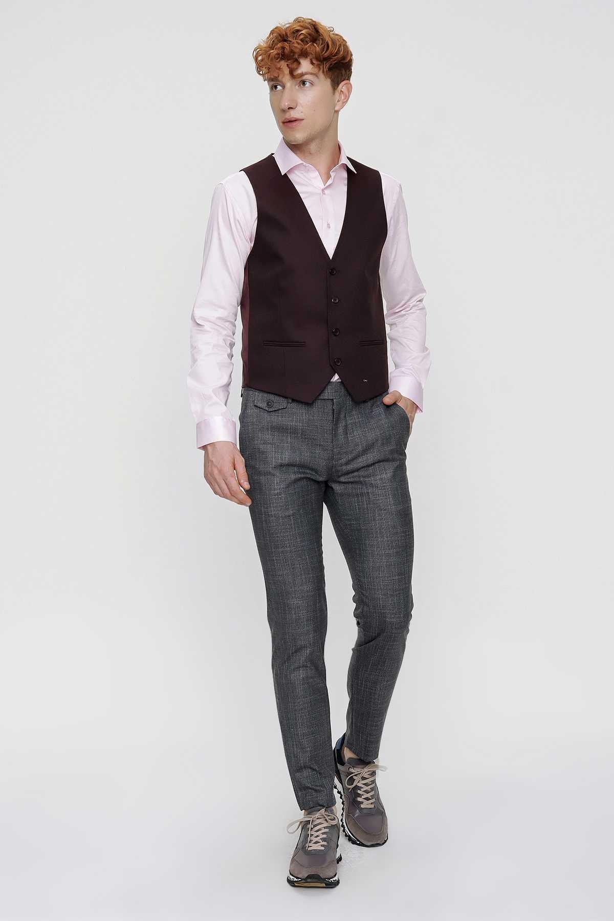 Morven Erkek Bordo Jakarlı Slim Fit Dar Kesim Yelek