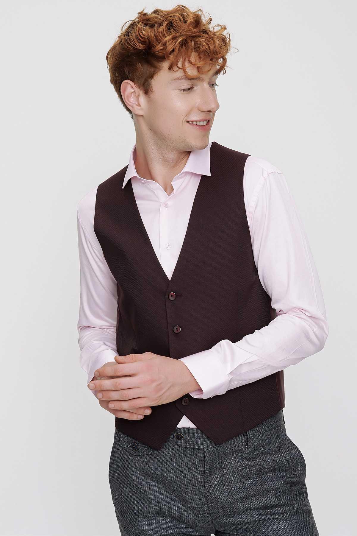Morven Erkek Bordo Jakarlı Slim Fit Dar Kesim Yelek