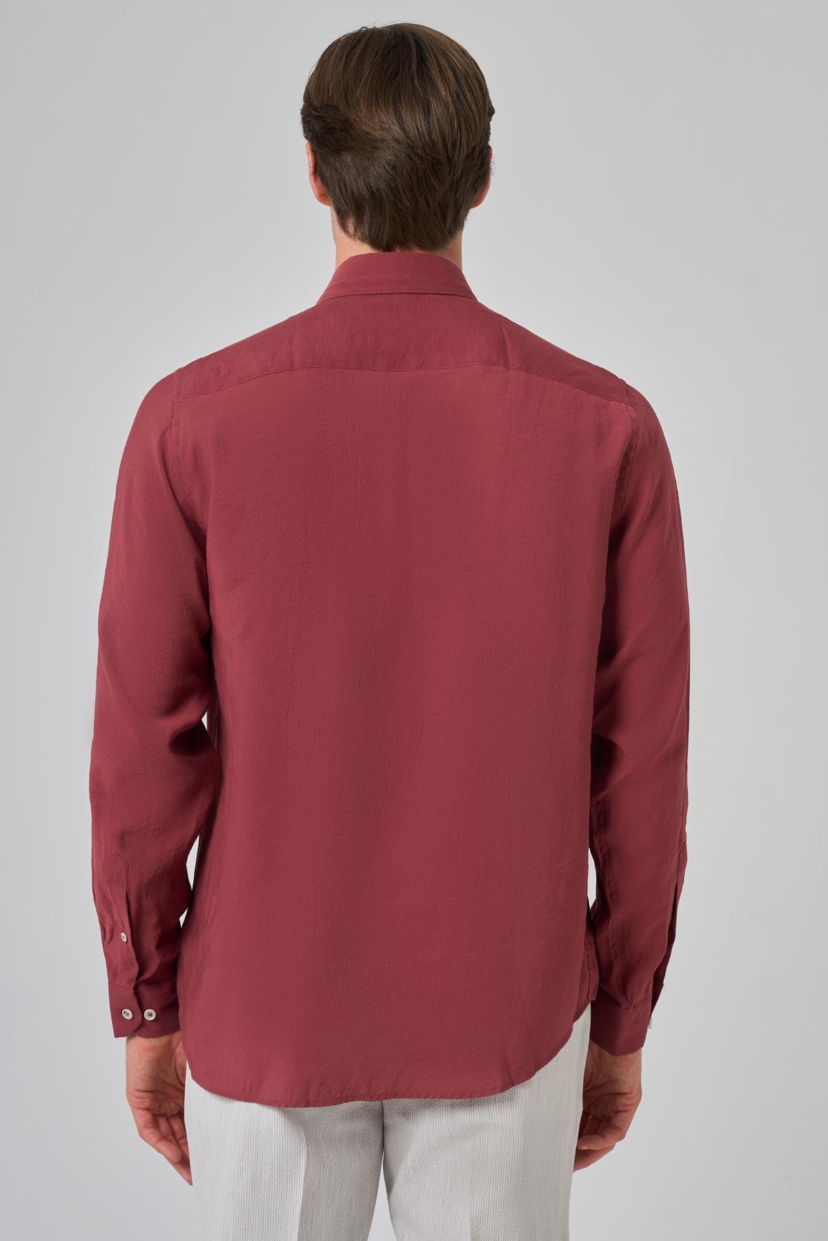 Morven Erkek Bordo Trend Düz Desen Dynamic Fit Düğmeli Yaka Gömlek