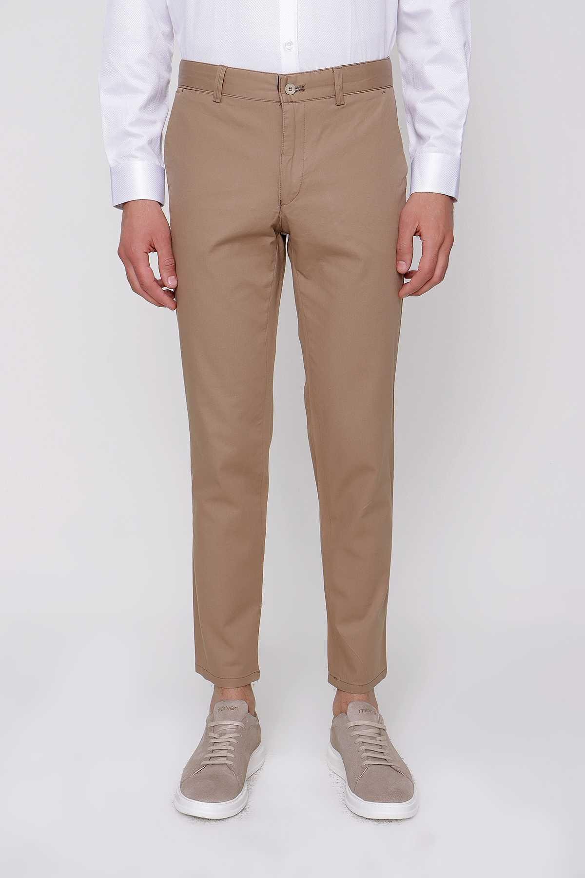 Morven Erkek Camel Pamuk Yan Cep Slim Fit Dar Kesim Pantolon