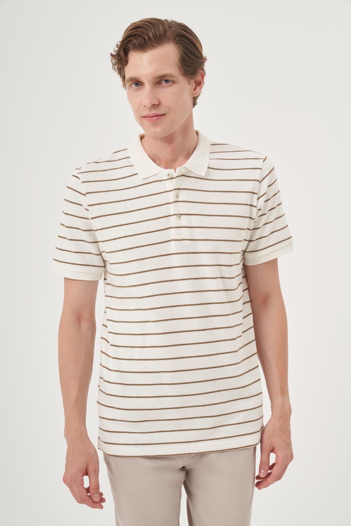 Morven Erkek Ekru Trend Çizgili Dinamik Fit Polo Yaka T-Shirt