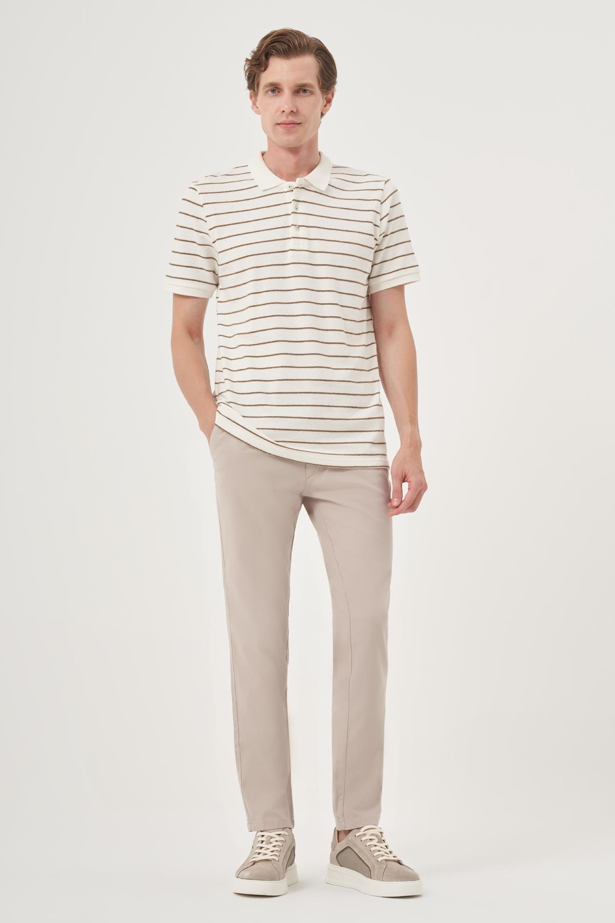 Morven Erkek Ekru Trend Çizgili Dinamik Fit Polo Yaka T-Shirt