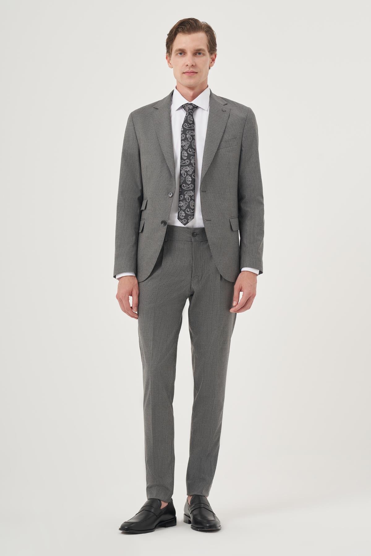 Morven Erkek Füme Poliviskon Trend Çizgili Slim Fit Mono Yaka Çift Kapak Cepli Takım Elbise
