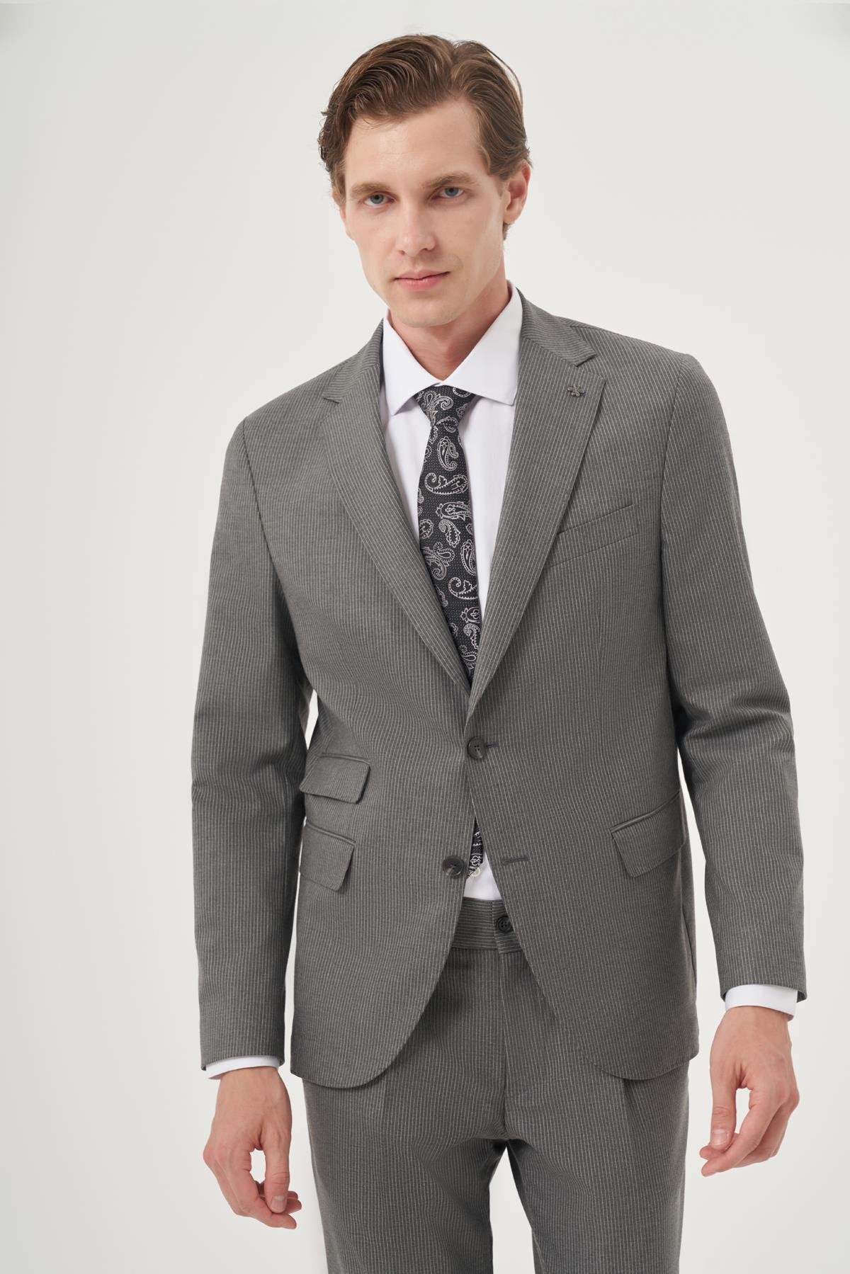 Morven Erkek Füme Poliviskon Trend Çizgili Slim Fit Mono Yaka Çift Kapak Cepli Takım Elbise