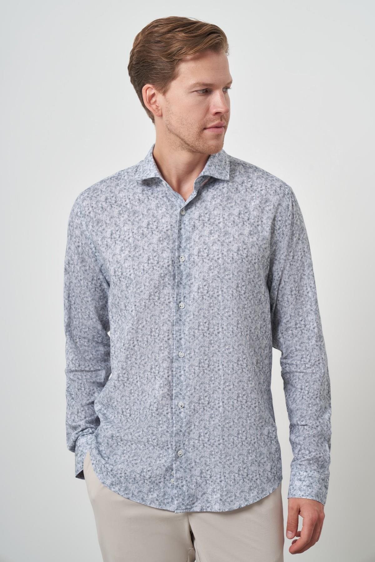 Morven Erkek Gri Keten Trend Dynamic Fit Düğmeli Yaka Gömlek