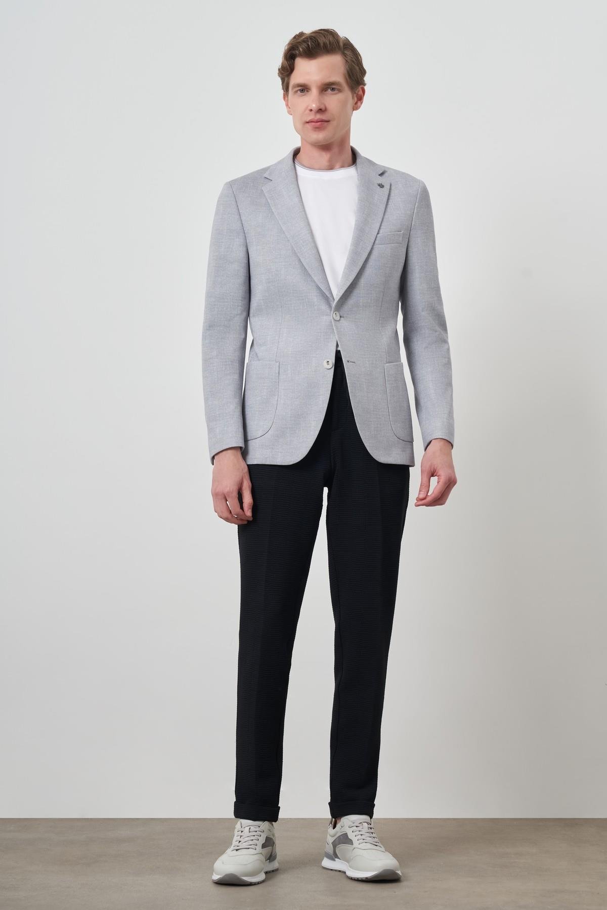 Morven Erkek Gri Örme Desenli Slim Fit Mono Yaka Ceket