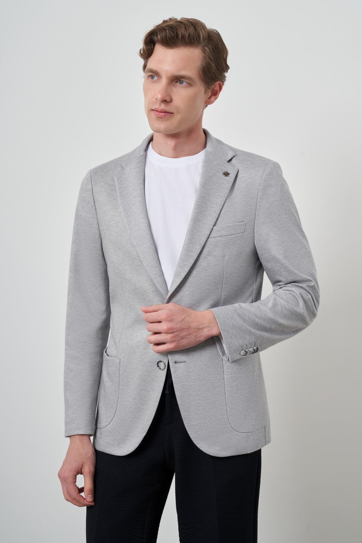 Morven Erkek Gri Örme Slim Fit Mono Yaka Ceket