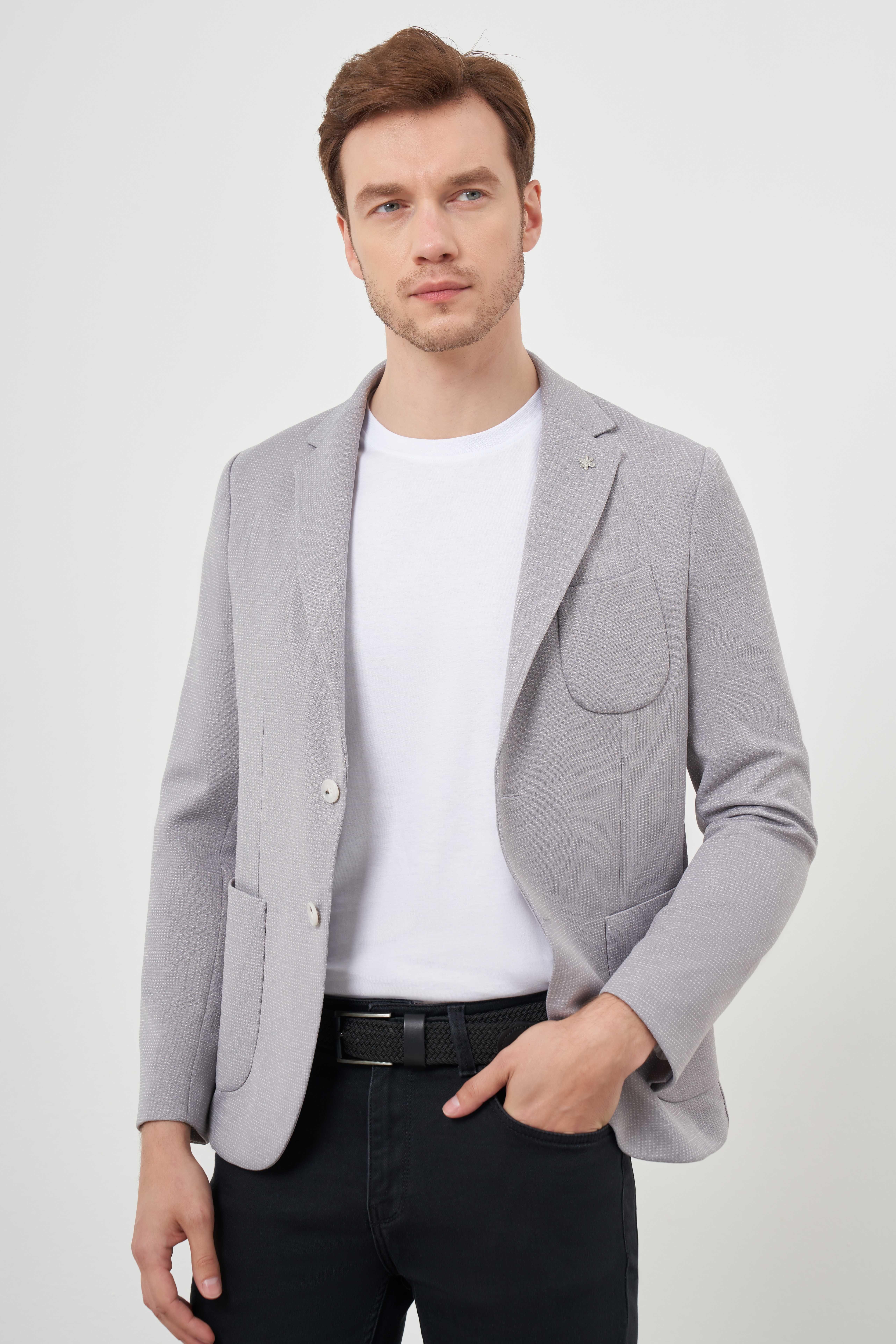 Morven Erkek Gri Örme Slim Fit Torba Cep Mono Yaka Spor Ceket