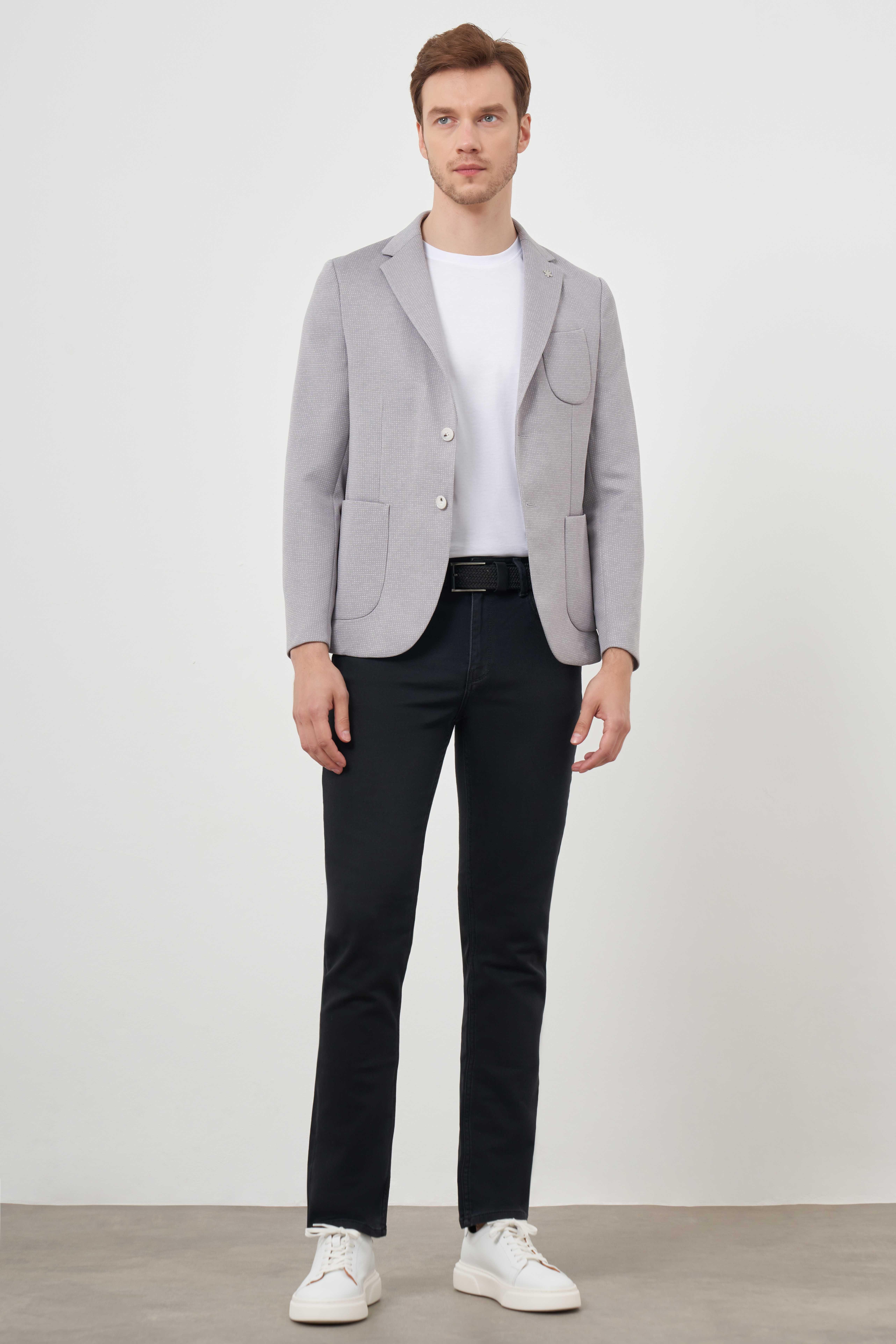 Morven Erkek Gri Örme Slim Fit Torba Cep Mono Yaka Spor Ceket