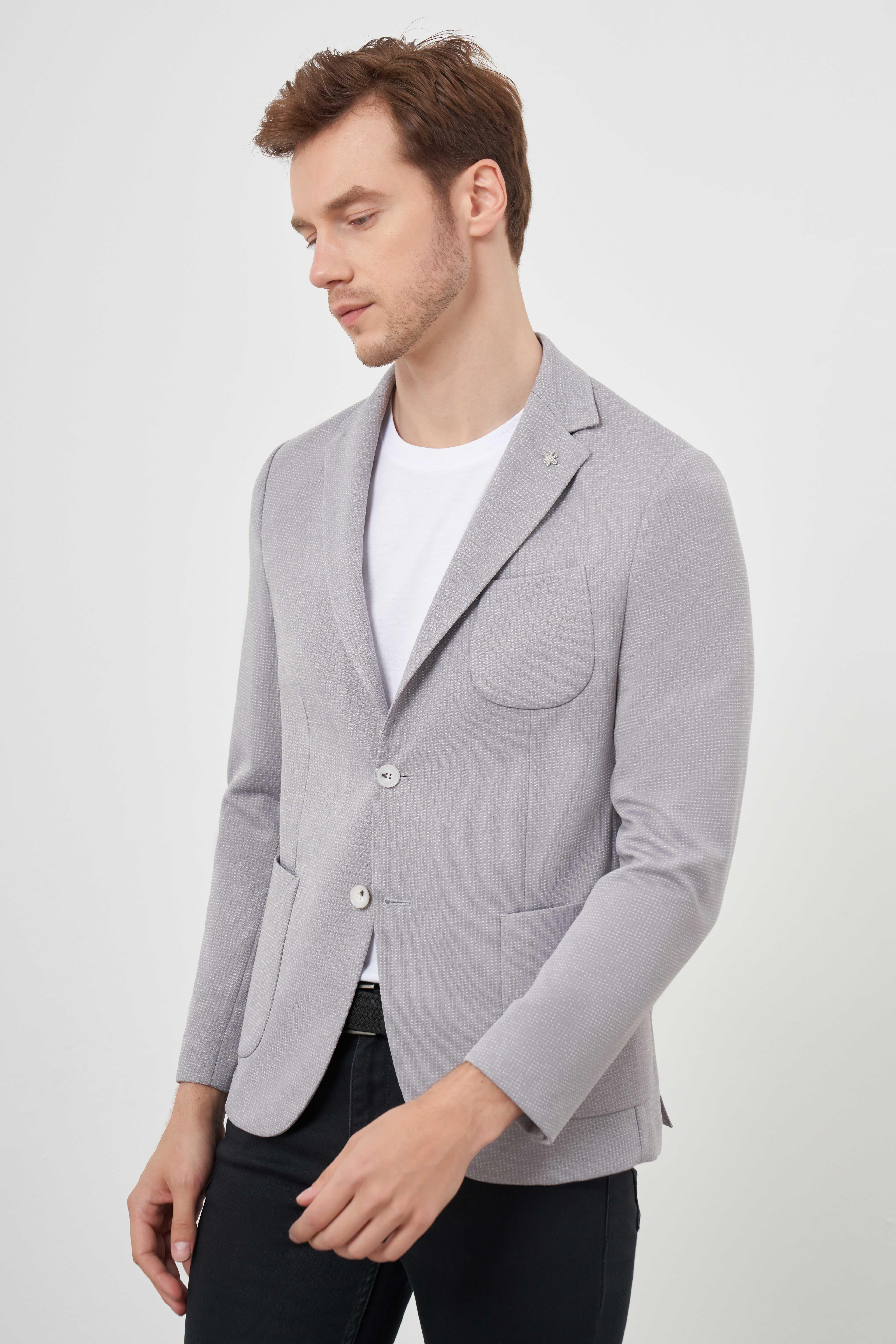 Morven Erkek Gri Örme Slim Fit Torba Cep Mono Yaka Spor Ceket