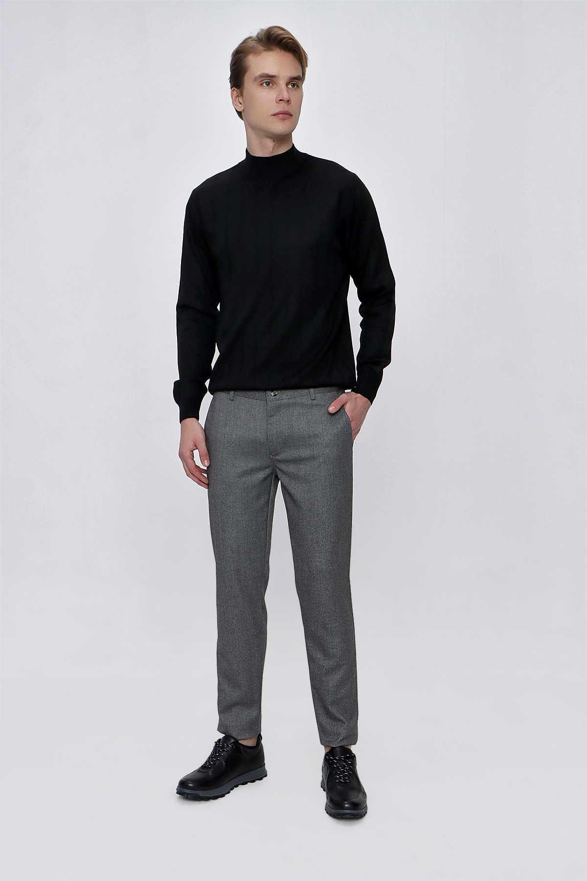 Morven Erkek Gri Poliviskon Desenli Slim Fit Pantolon