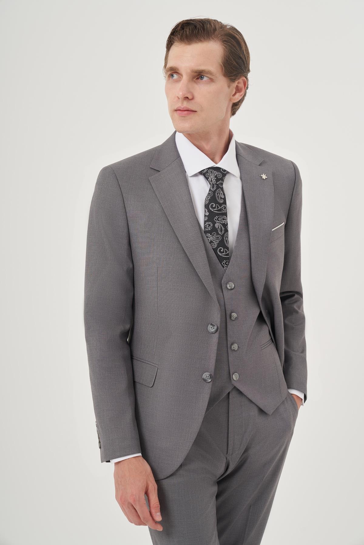 Morven Erkek Gri Poliviskon Slim Fit Mono Yaka Yelekli Takım Elbise