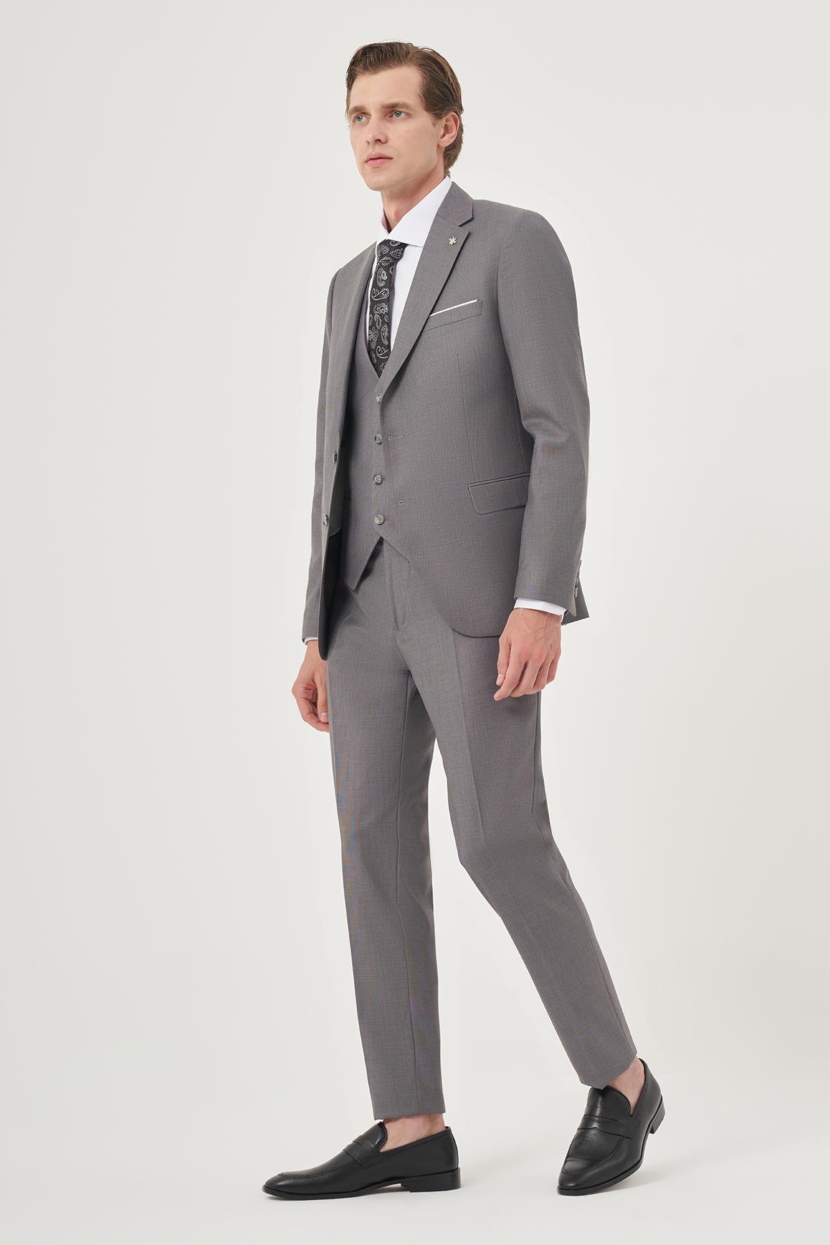 Morven Erkek Gri Poliviskon Slim Fit Mono Yaka Yelekli Takım Elbise