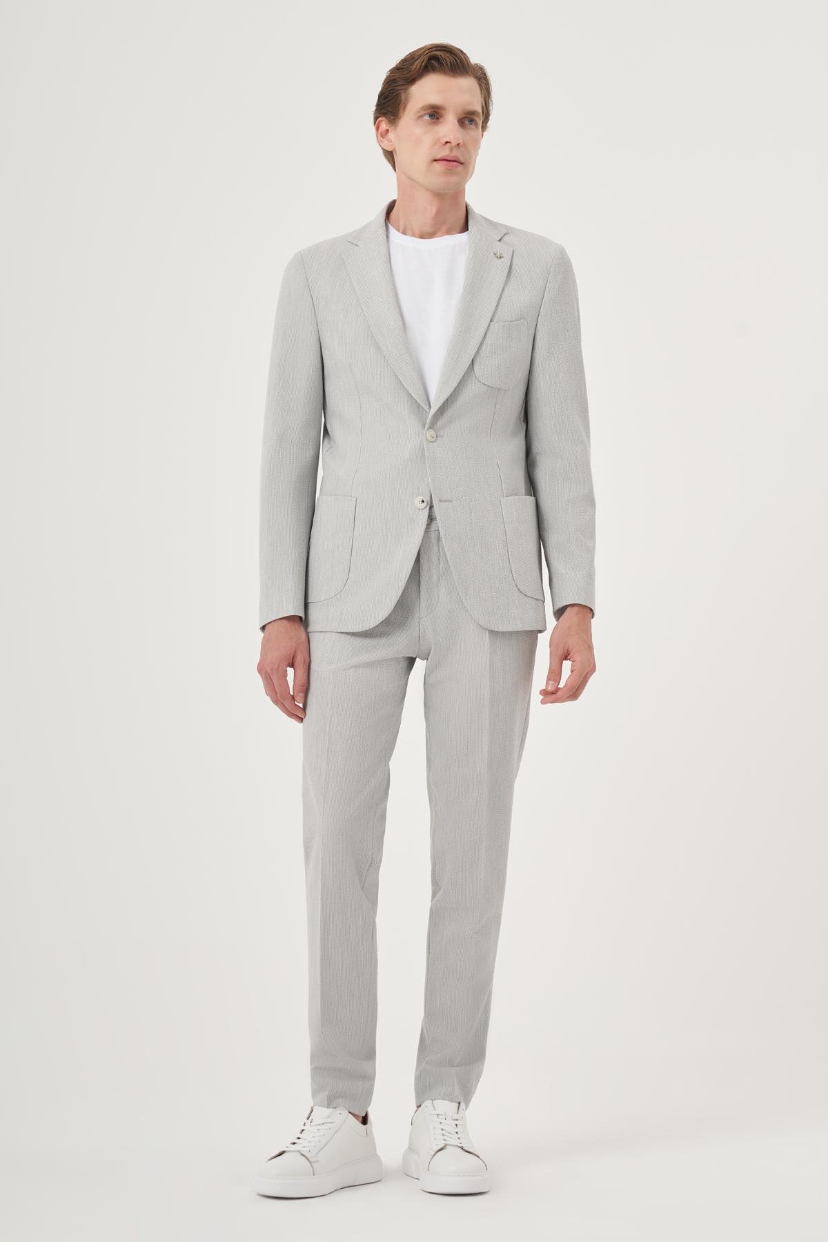 Morven Erkek Gri Poliviskon Trend Çizgili Slim Fit Mono Yaka Takım Elbise