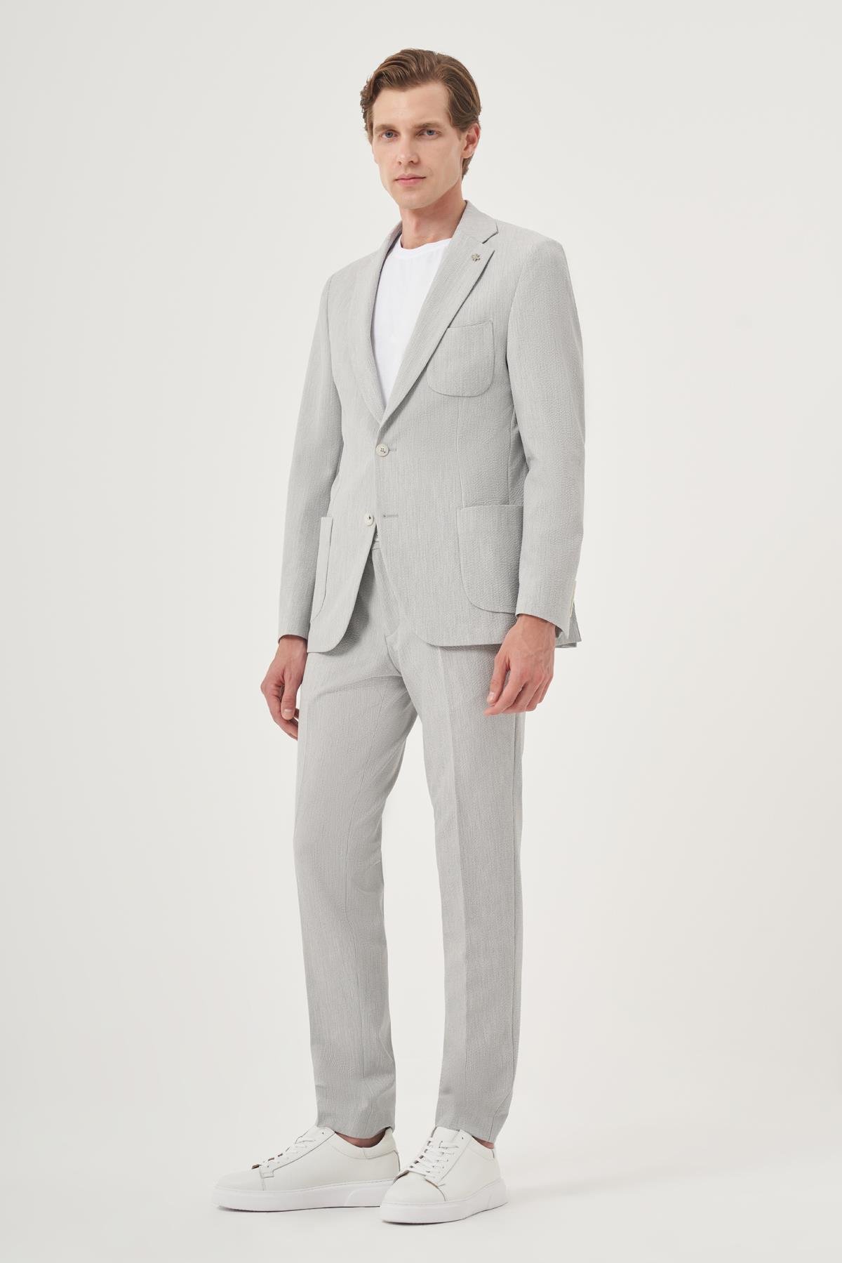 Morven Erkek Gri Poliviskon Trend Çizgili Slim Fit Mono Yaka Takım Elbise