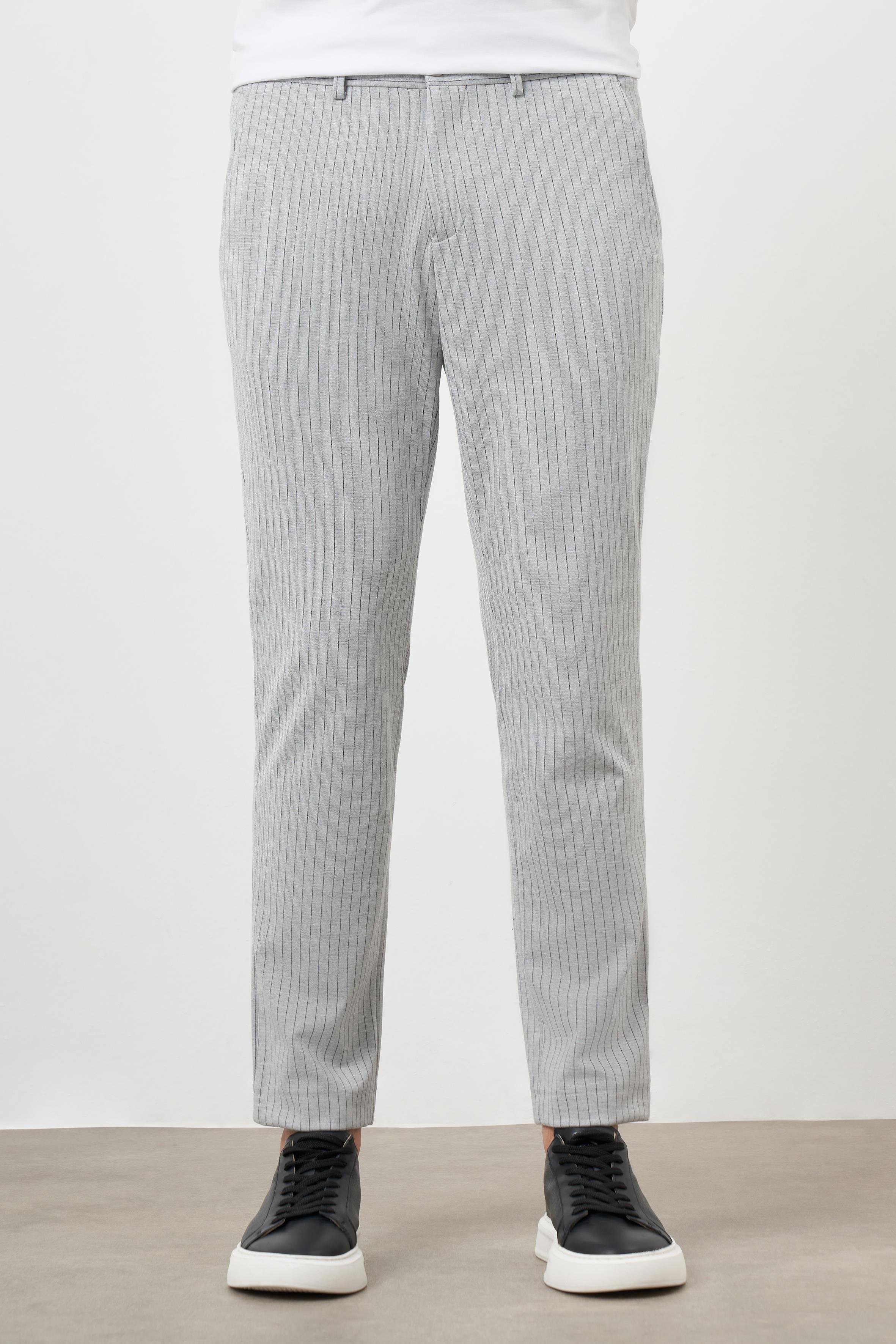 Morven Erkek Gri Poliviskon Trend Çizgili Slim Fit Örme Spor Pantolon