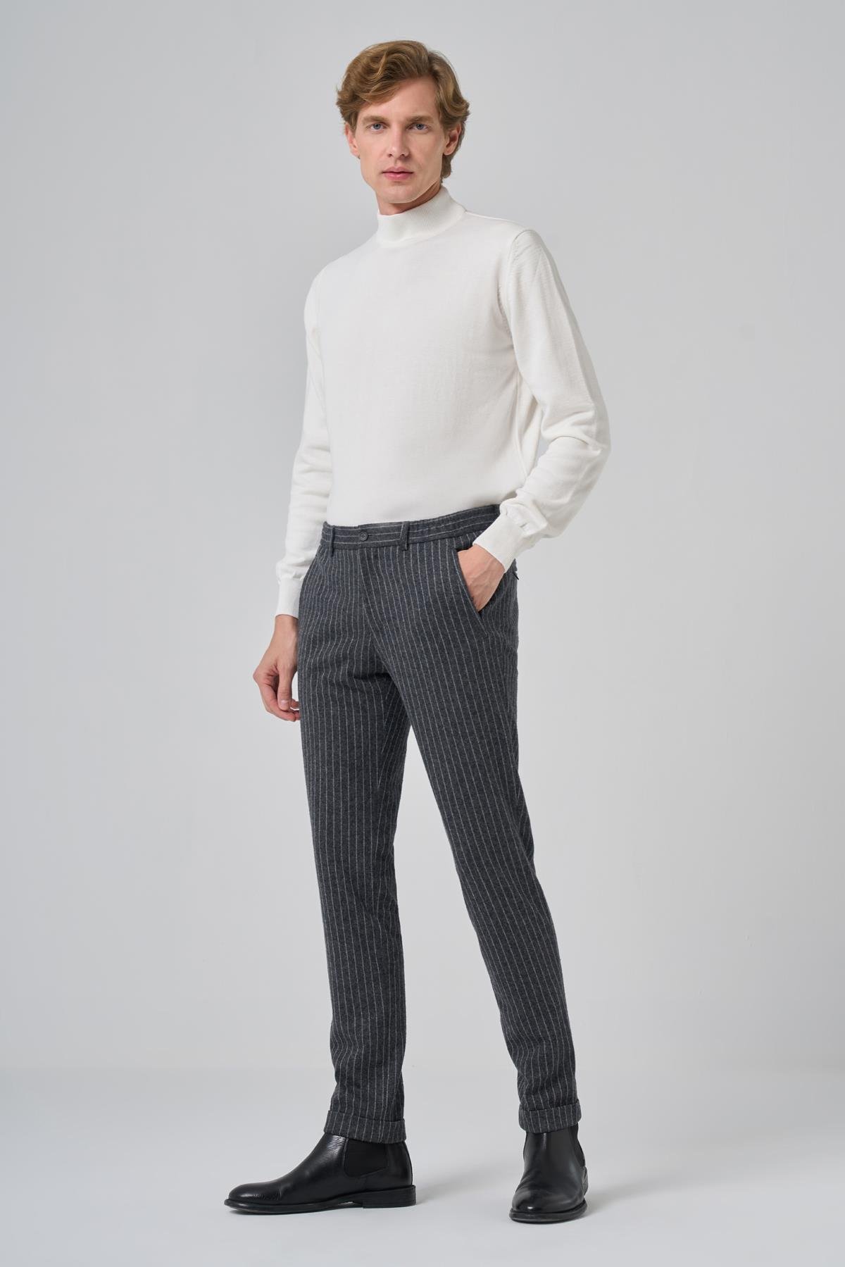 Morven Erkek Gri Trend Slim Fit Lastikli Fermuarlı Pantolon