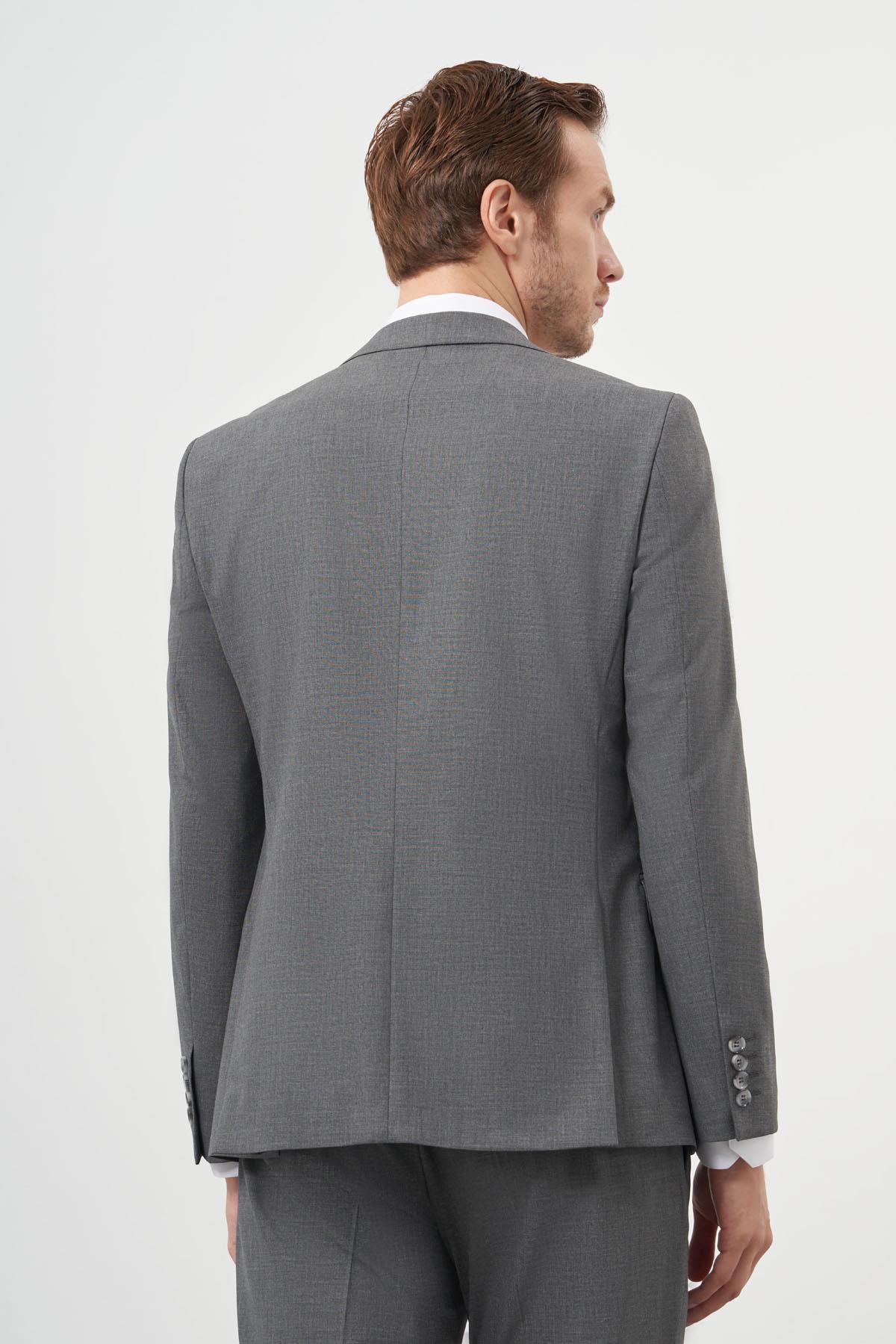 Morven Erkek Gri Yünlü Slim Fit Mono Yaka Takım Elbise