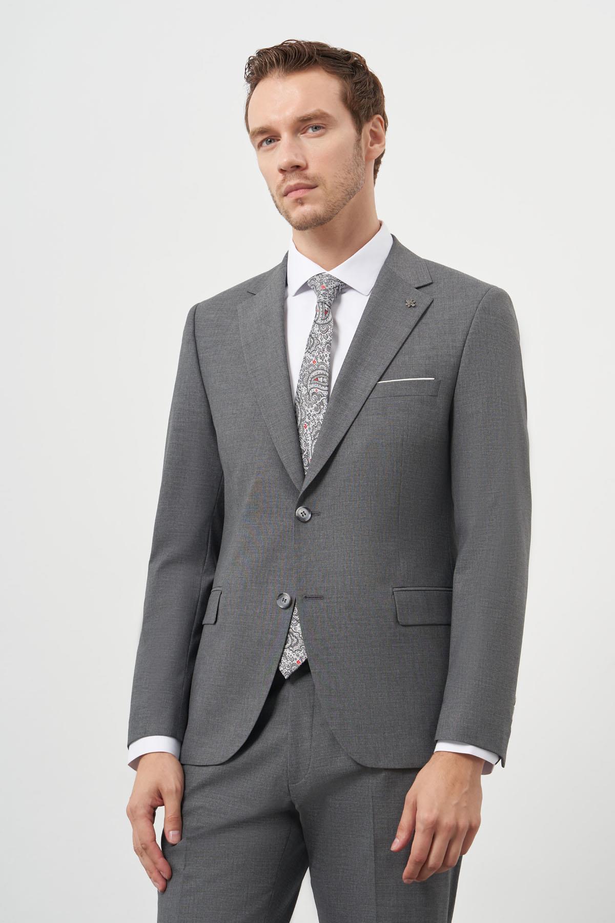 Morven Erkek Gri Yünlü Slim Fit Mono Yaka Takım Elbise