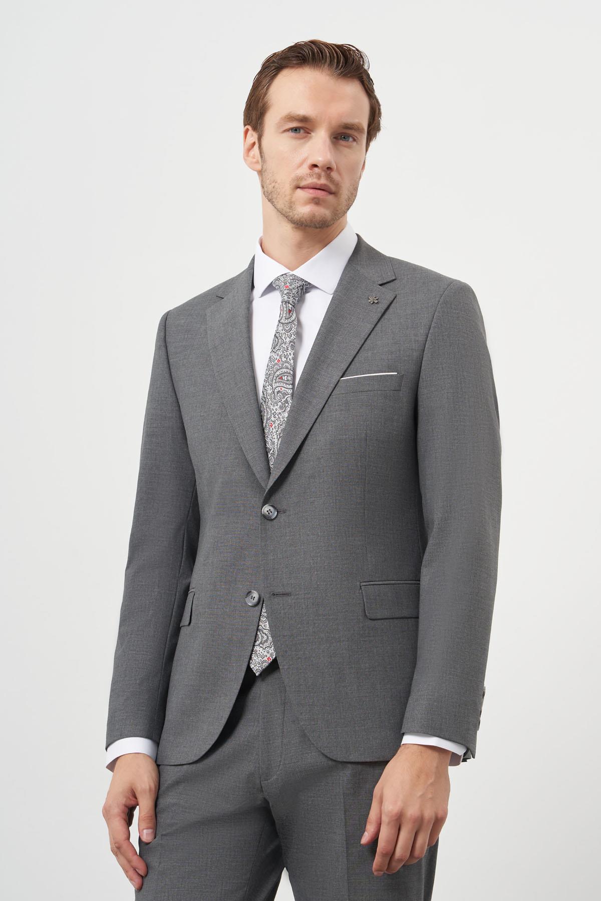 Morven Erkek Gri Yünlü Slim Fit Mono Yaka Takım Elbise