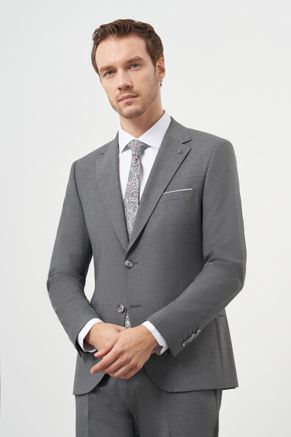 Morven Erkek Gri Yünlü Slim Fit Mono Yaka Takım Elbise