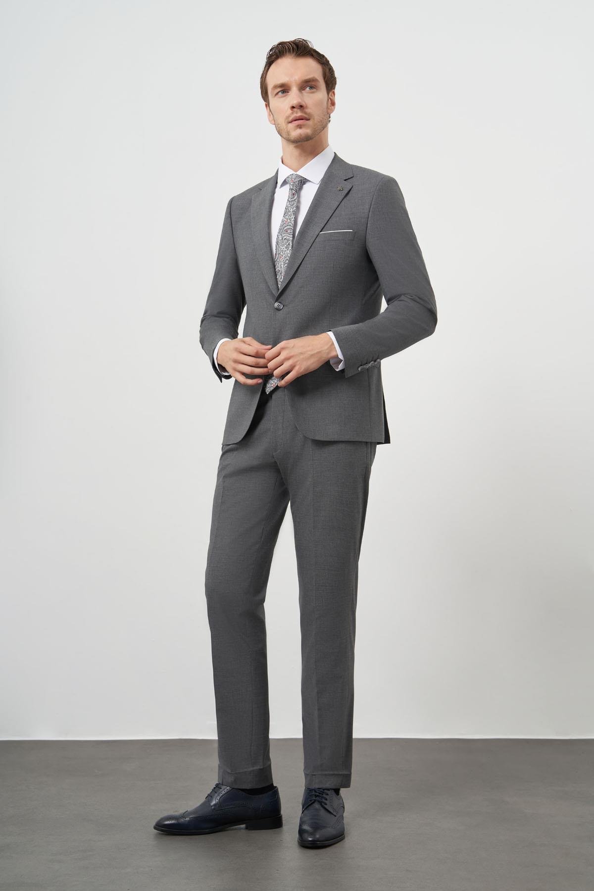 Morven Erkek Gri Yünlü Slim Fit Mono Yaka Takım Elbise