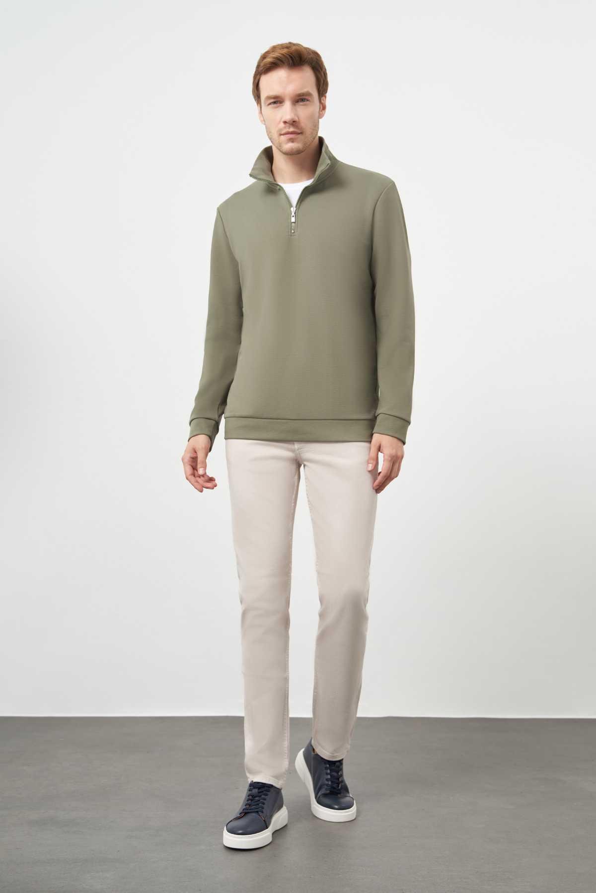 Morven Erkek Haki Fermuarlı Bato Yaka Sweat-Shirt