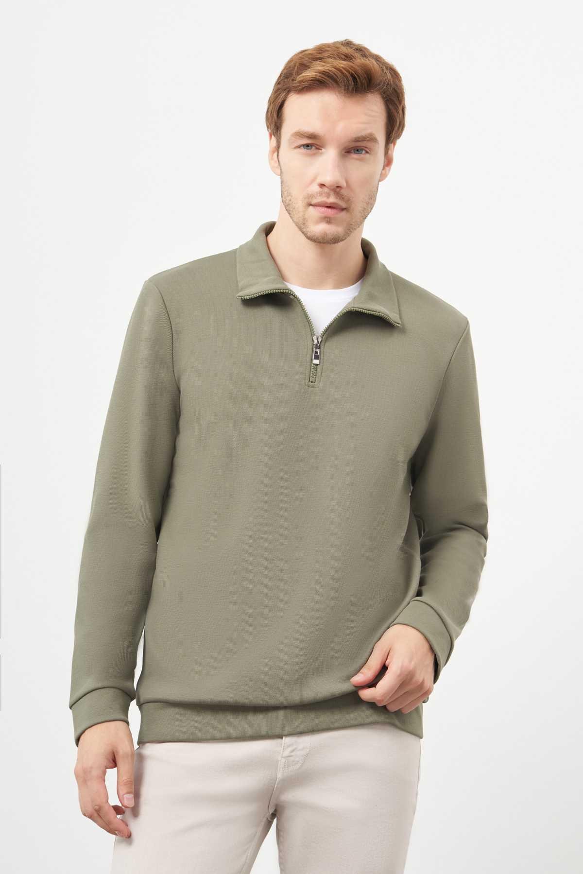 Morven Erkek Haki Fermuarlı Bato Yaka Sweat-Shirt