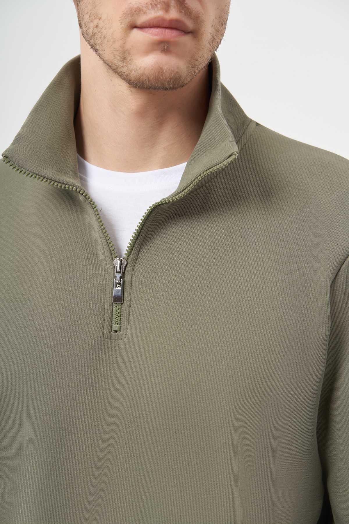 Morven Erkek Haki Fermuarlı Bato Yaka Sweat-Shirt