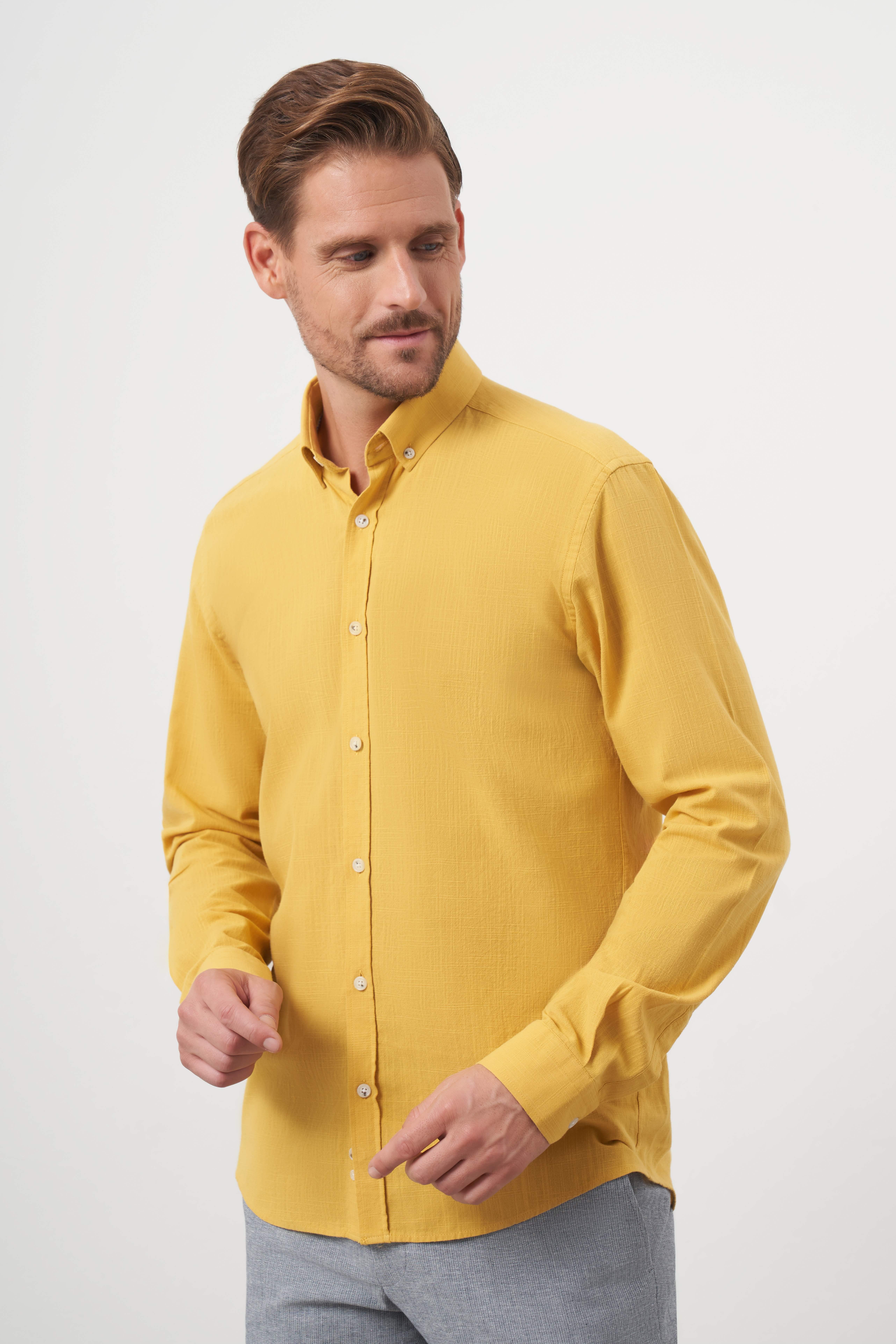 Morven Erkek Hardal Sarısı Pamuk Ekoseli Düğmeli Yaka Slim Fit Gömlek