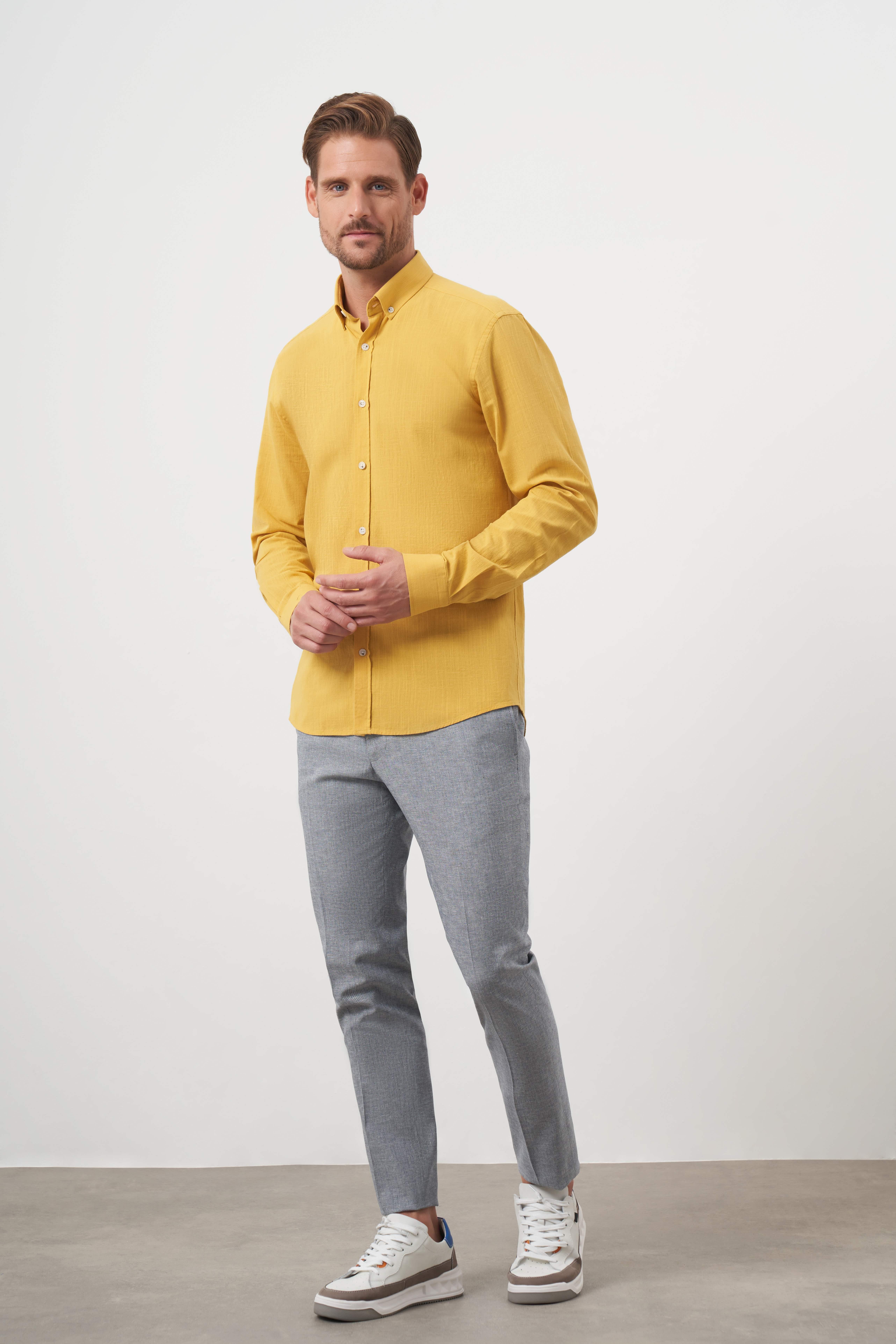 Morven Erkek Hardal Sarısı Pamuk Ekoseli Düğmeli Yaka Slim Fit Gömlek