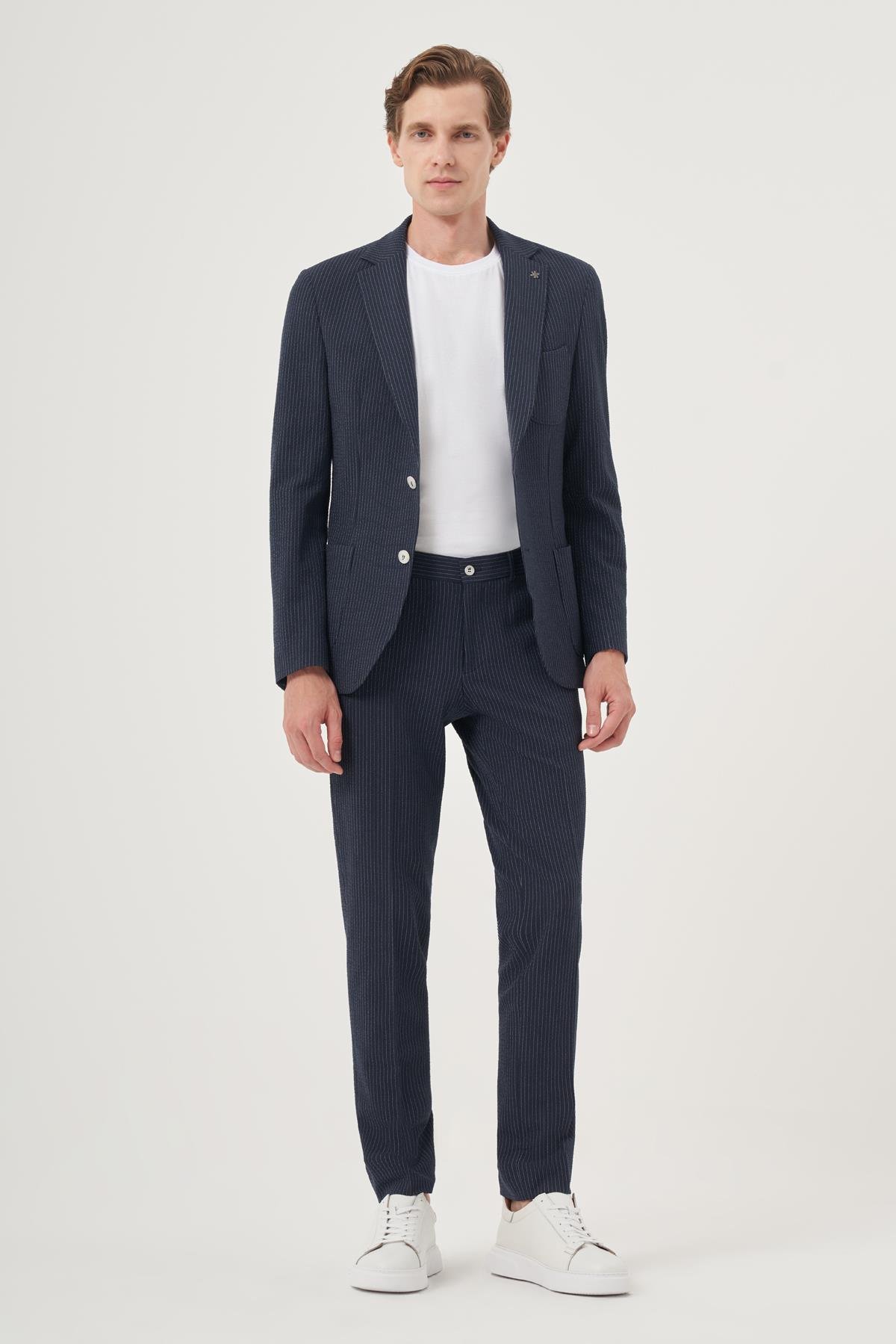 Morven Erkek İndigo Poliviskon Trend Çizgili Slim Fit Mono Yaka Takım Elbise