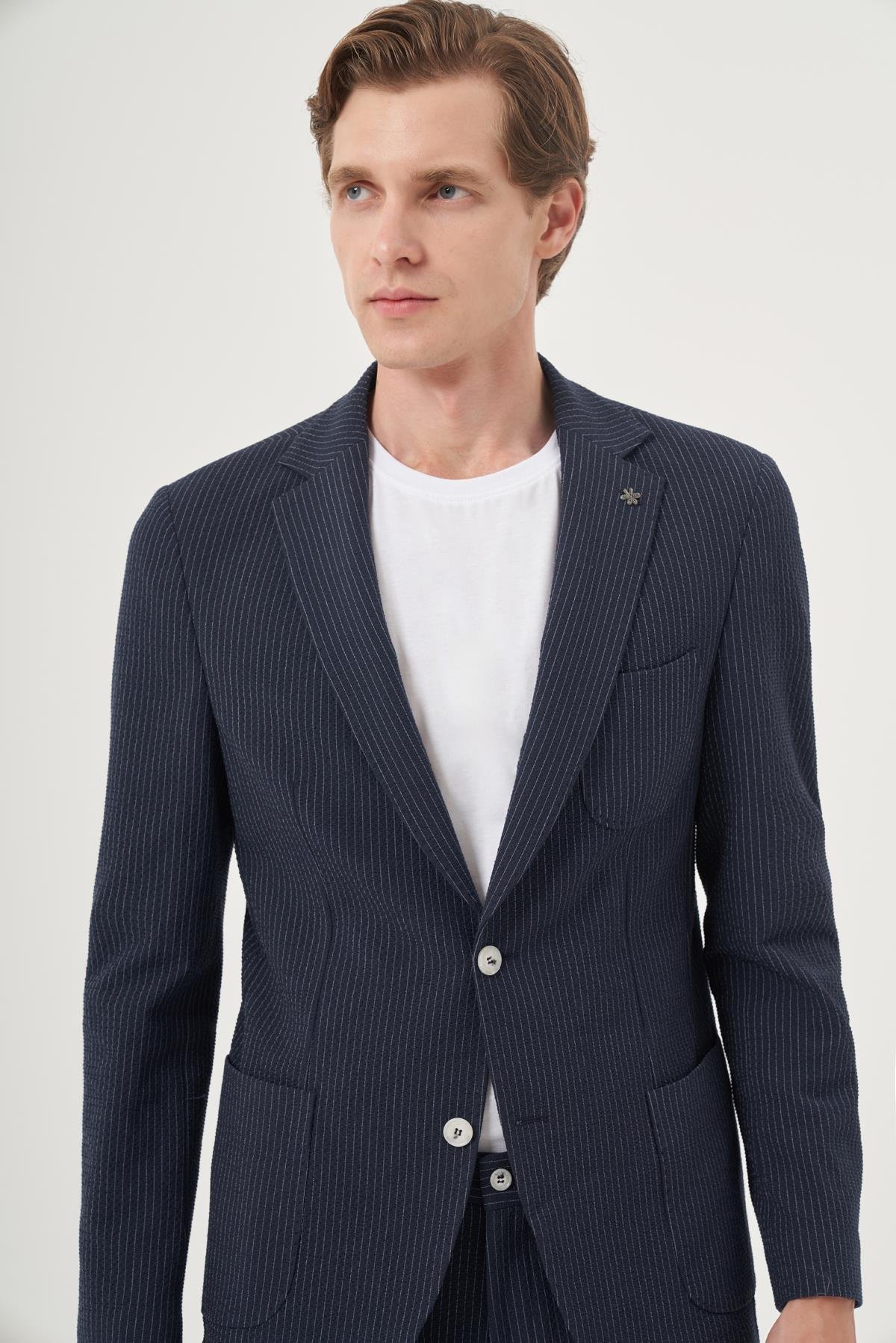 Morven Erkek İndigo Poliviskon Trend Çizgili Slim Fit Mono Yaka Takım Elbise