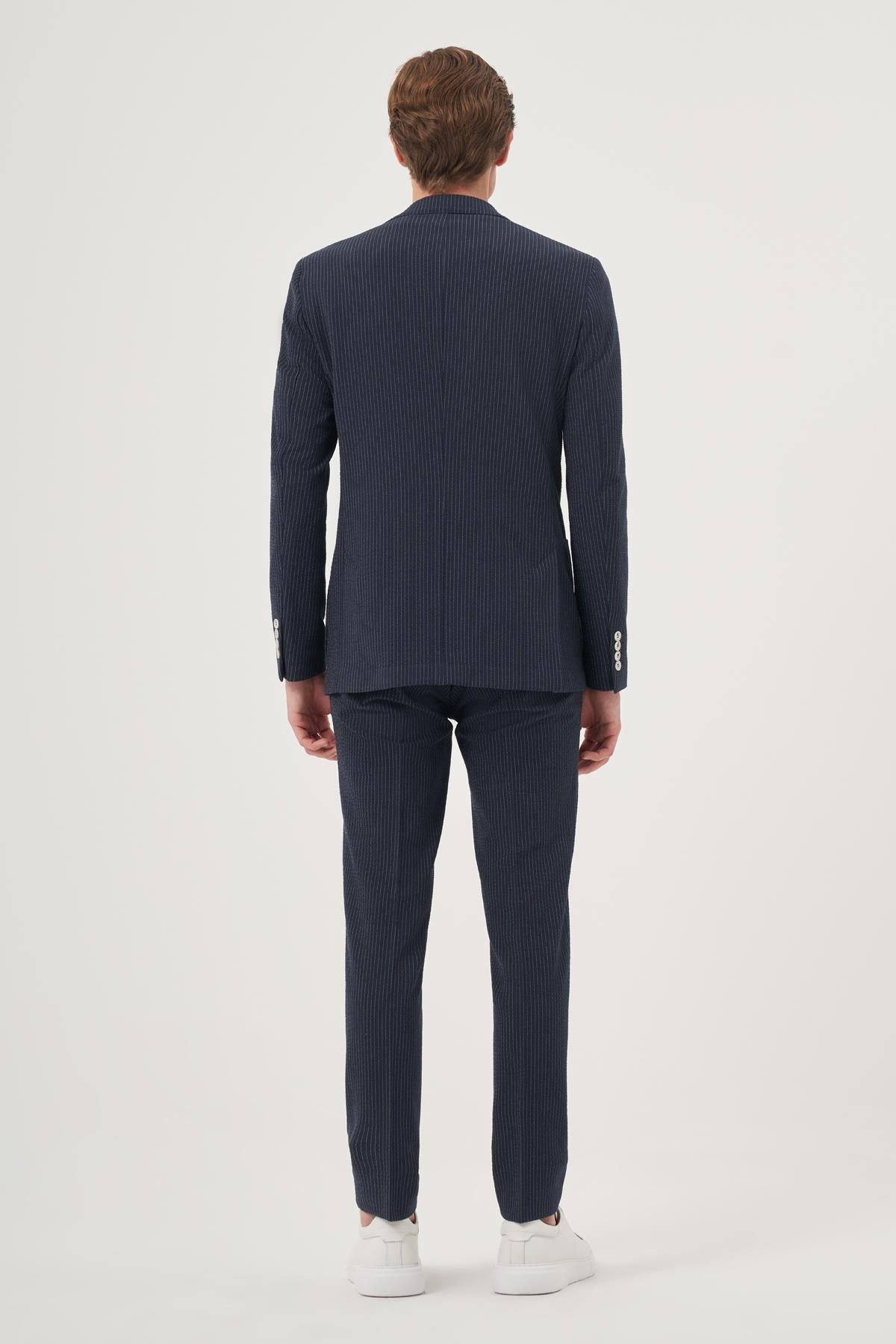 Morven Erkek İndigo Poliviskon Trend Çizgili Slim Fit Mono Yaka Takım Elbise
