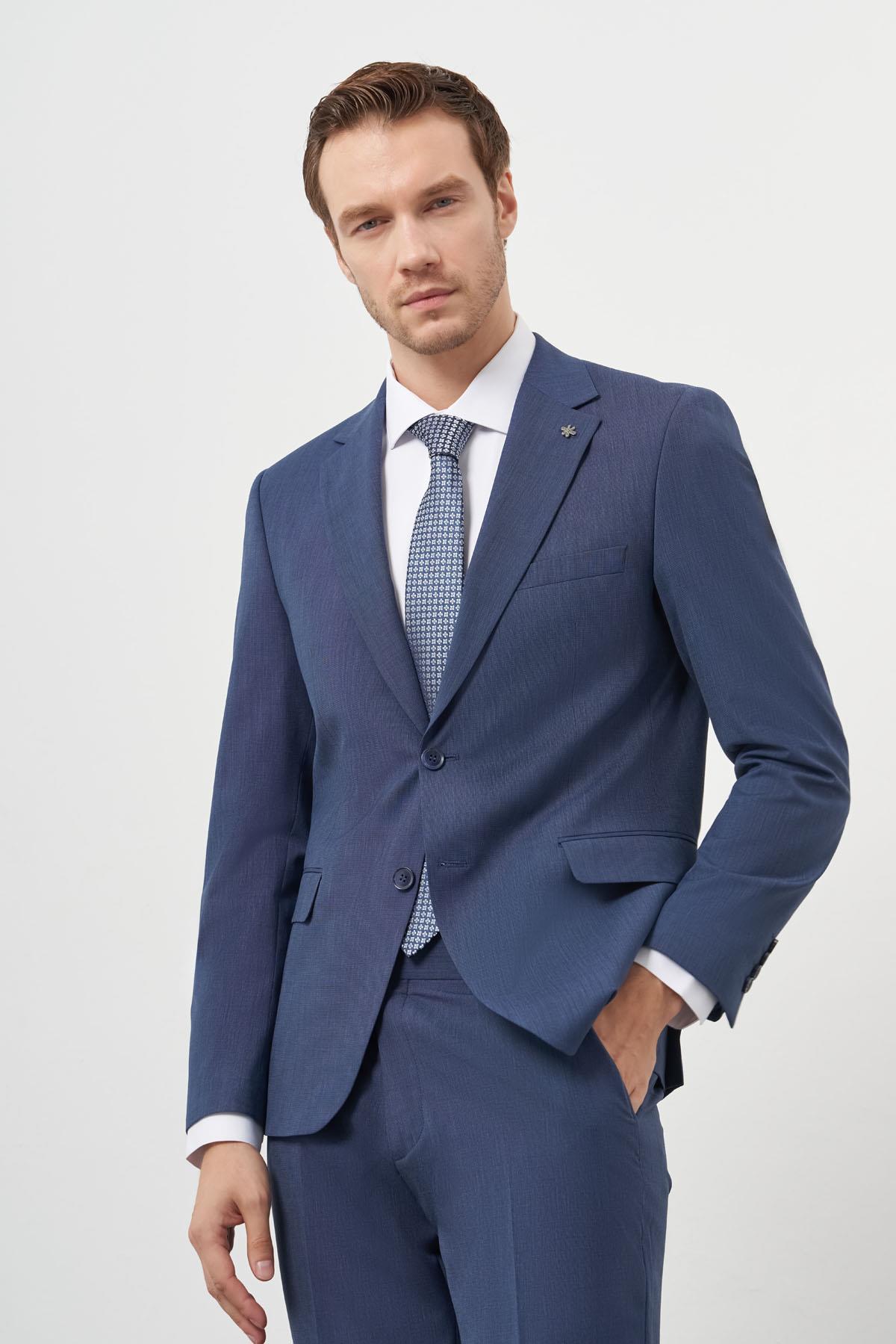 Morven Erkek İndigo Yün Slim Fit Mono Yaka Takım Elbise