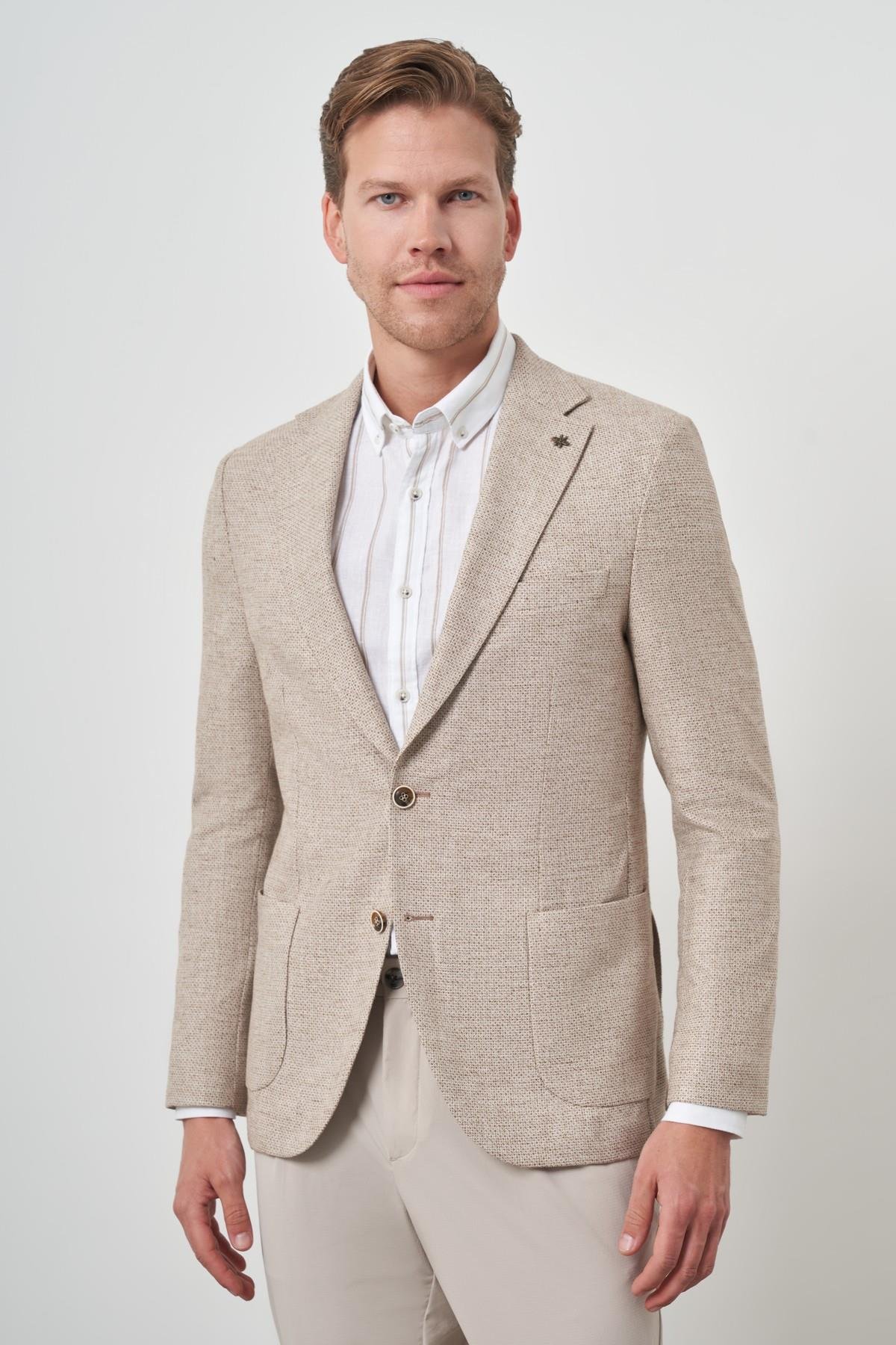 Morven Erkek KAHVE Keten Dokuma Slim Fit Mono Yaka Ceket