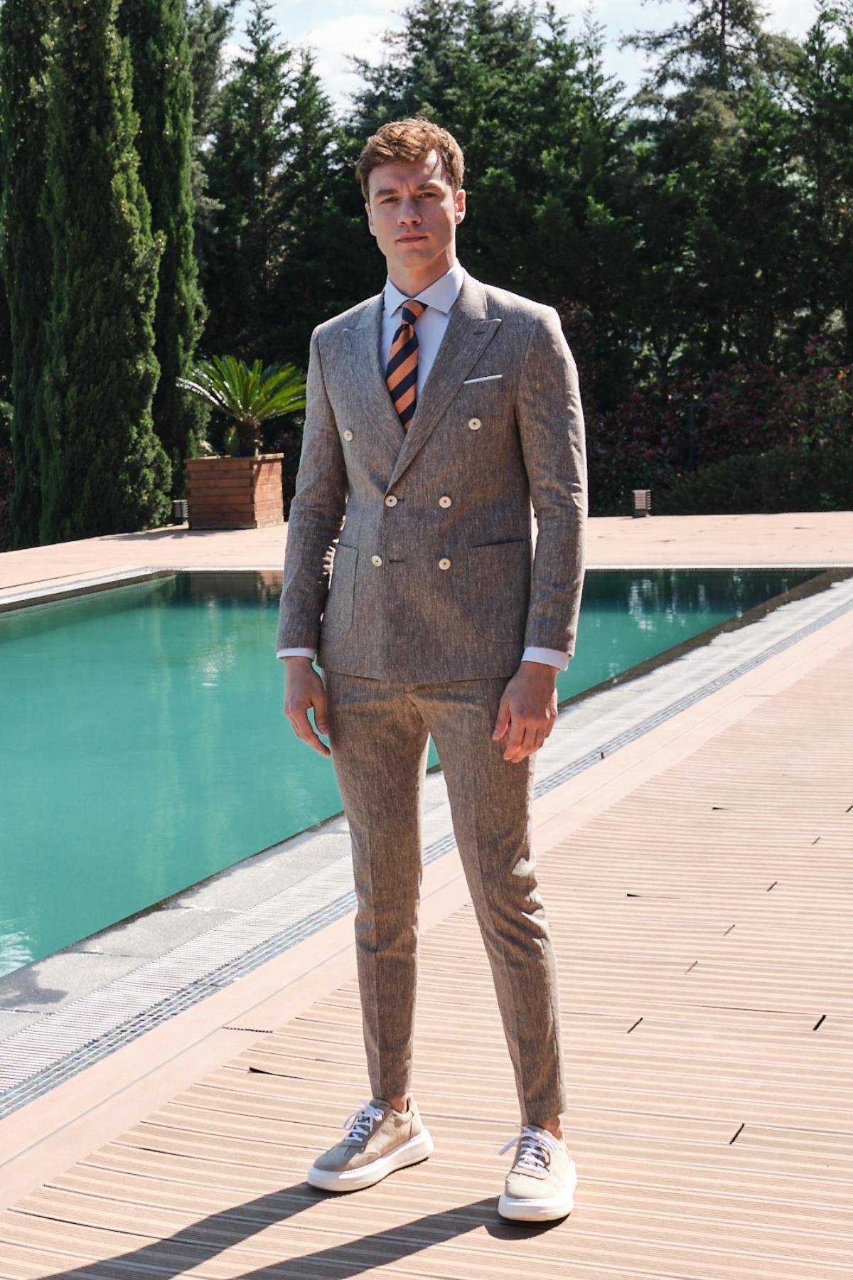 Morven Erkek KAHVE Lorena Keten Kruvaze Slim Fit Takım Elbise