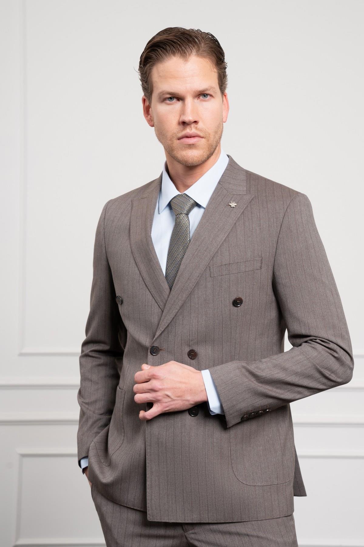 Morven Erkek KAHVE Trend Slim Fit Sivri Yaka Kruvaze Takım Elbise