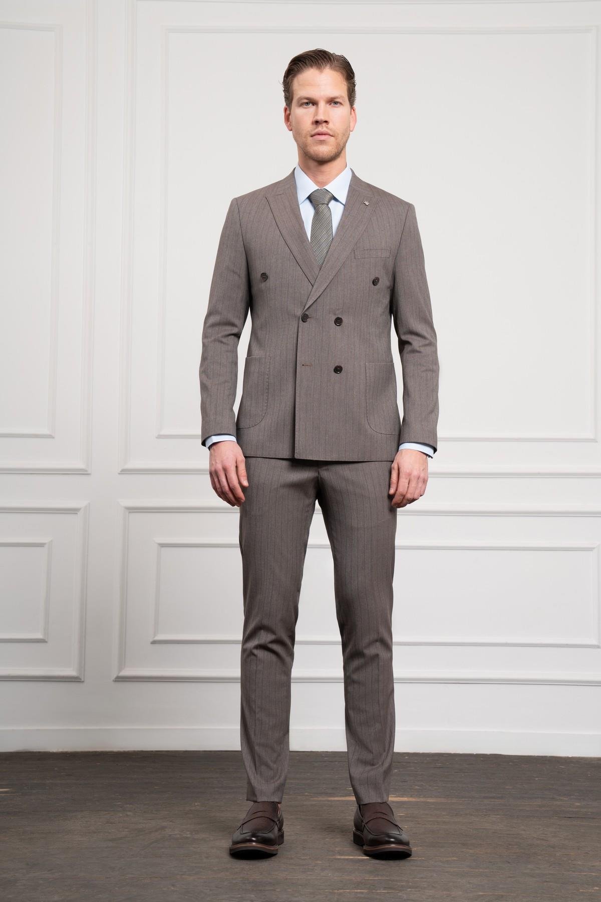 Morven Erkek KAHVE Trend Slim Fit Sivri Yaka Kruvaze Takım Elbise