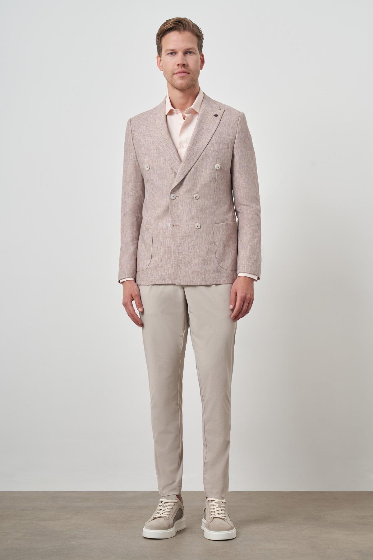 Morven Erkek Kiremit Keten Kruvaze Desenli Slim Fit Sivri Yaka Ceket