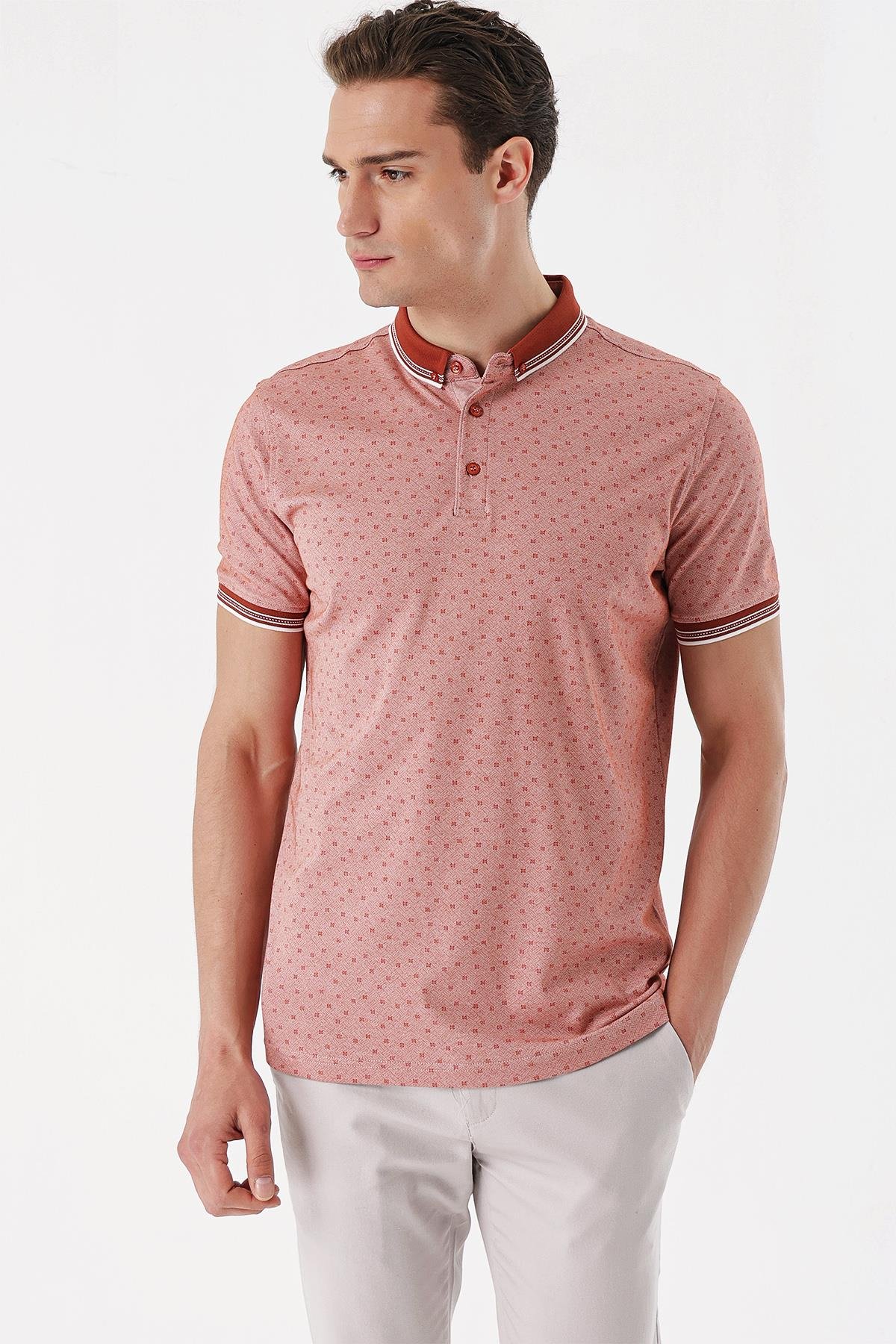 Morven Erkek Kırmızı Merserize Düğmeli Yaka Baskılı Desen Dynamic Fit T-Shirt