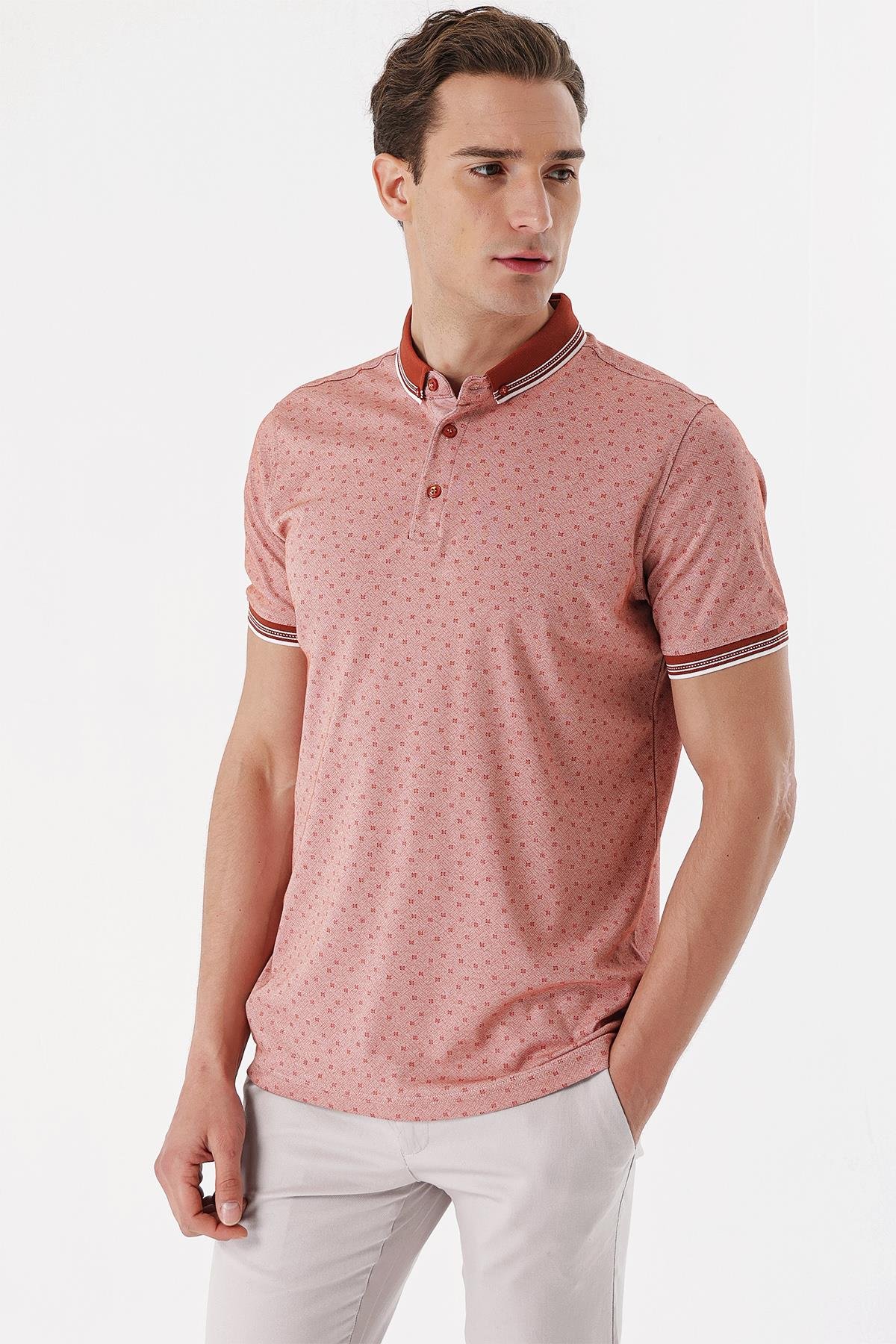 Morven Erkek Kırmızı Merserize Düğmeli Yaka Baskılı Desen Dynamic Fit T-Shirt