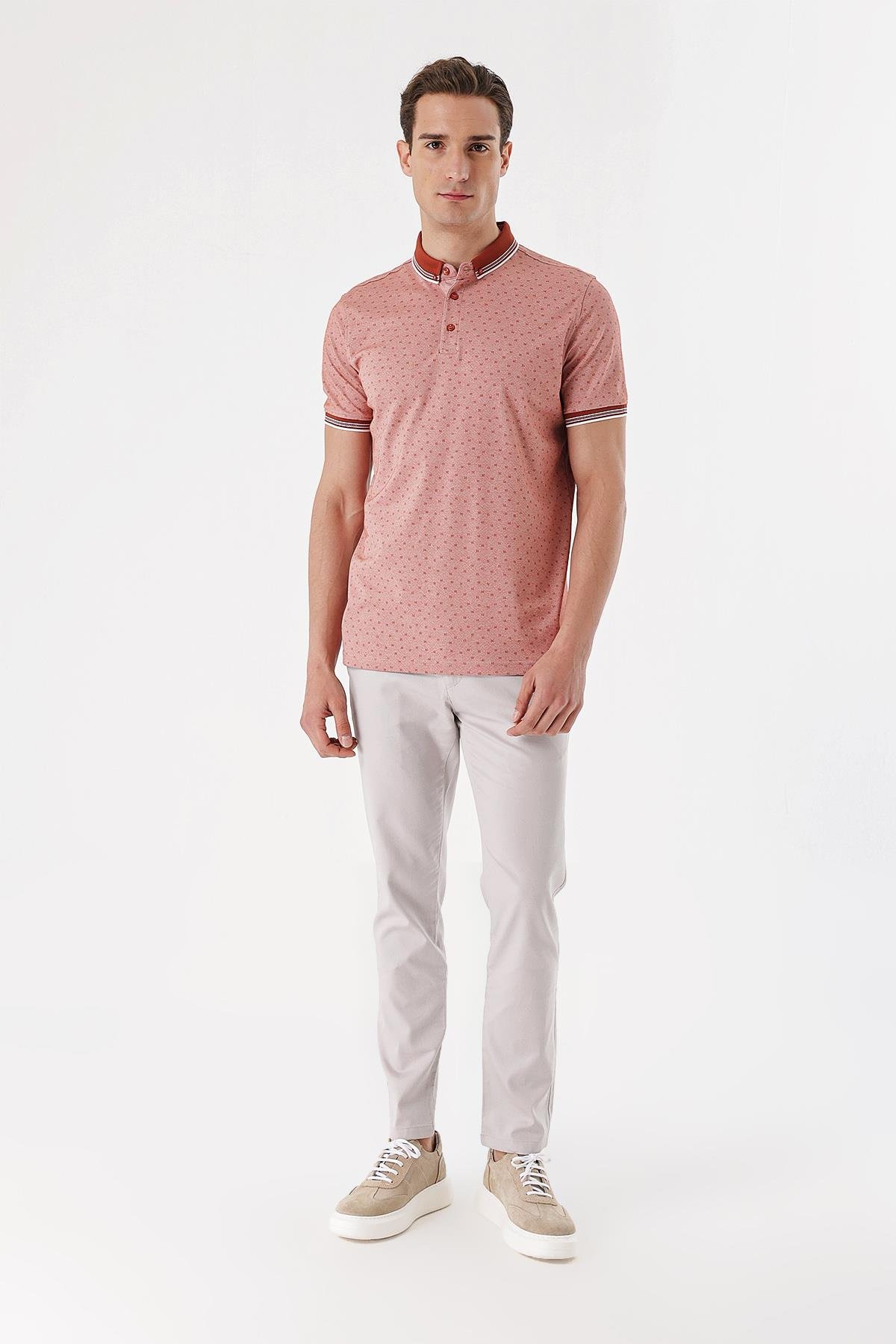 Morven Erkek Kırmızı Merserize Düğmeli Yaka Baskılı Desen Dynamic Fit T-Shirt