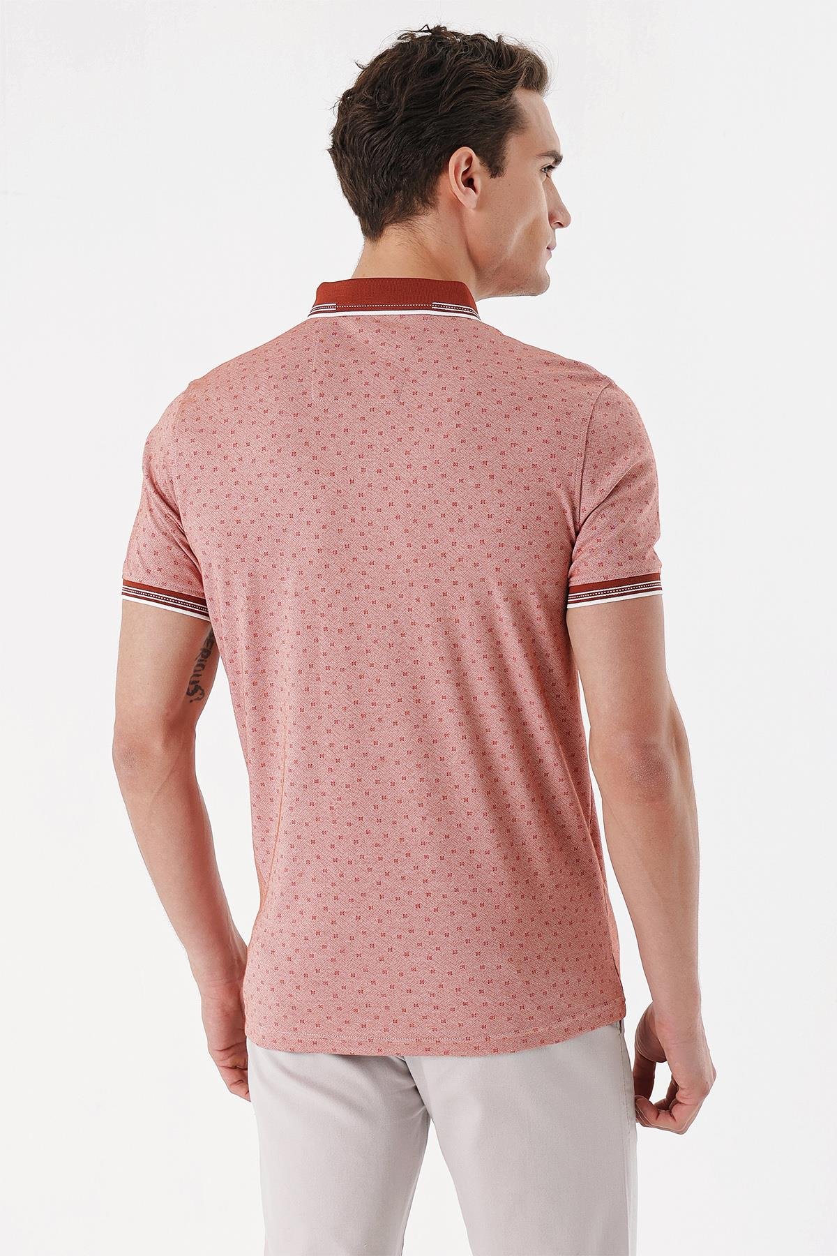 Morven Erkek Kırmızı Merserize Düğmeli Yaka Baskılı Desen Dynamic Fit T-Shirt