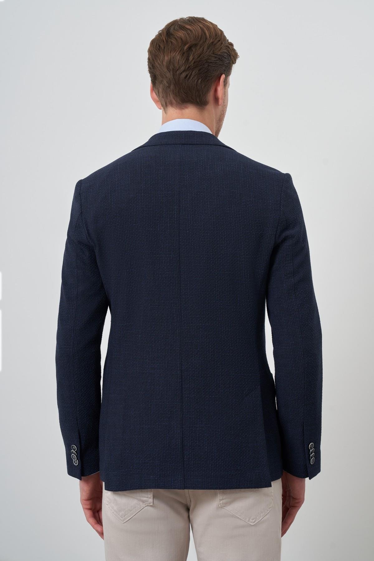 Morven Erkek Lacivert Dokuma Slim Fit Mono Yaka Ceket