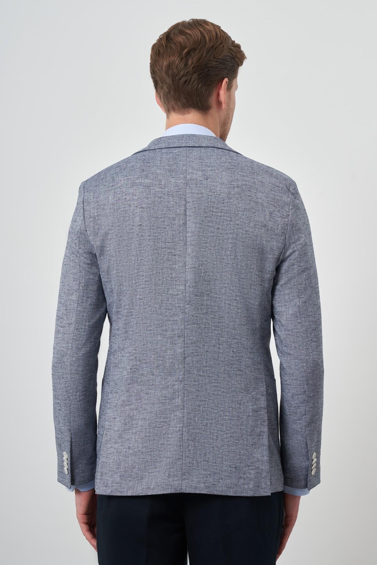 Morven Erkek Lacivert Keten Dokuma Slim Fit Mono Yaka Ceket