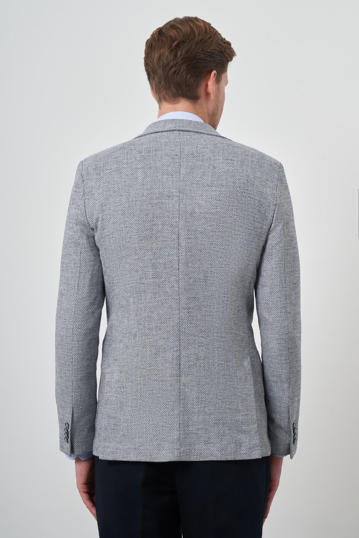 Morven Erkek Lacivert Keten Dokuma Slim Fit Mono Yaka Ceket